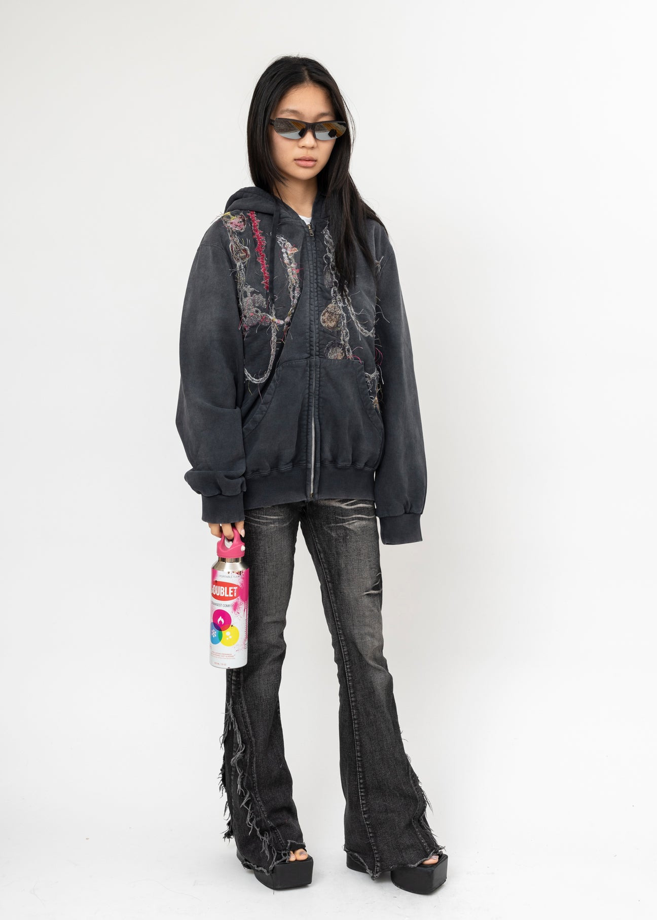 BLACK DOUBLET EMBROIDERED CHAIN ZIP-UP HOODIE - 5