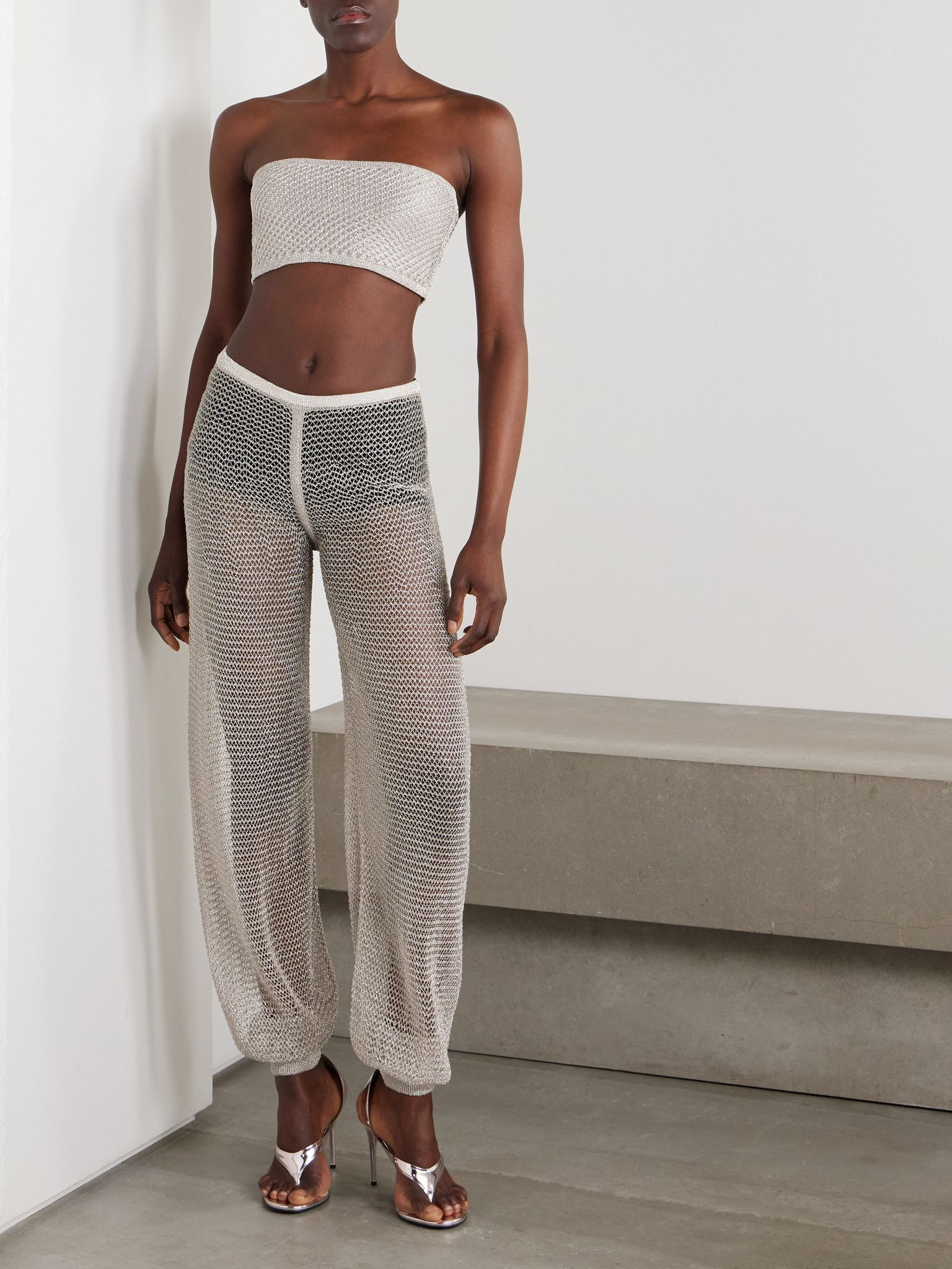 Cropped metallic open-knit bandeau top Silver - 5