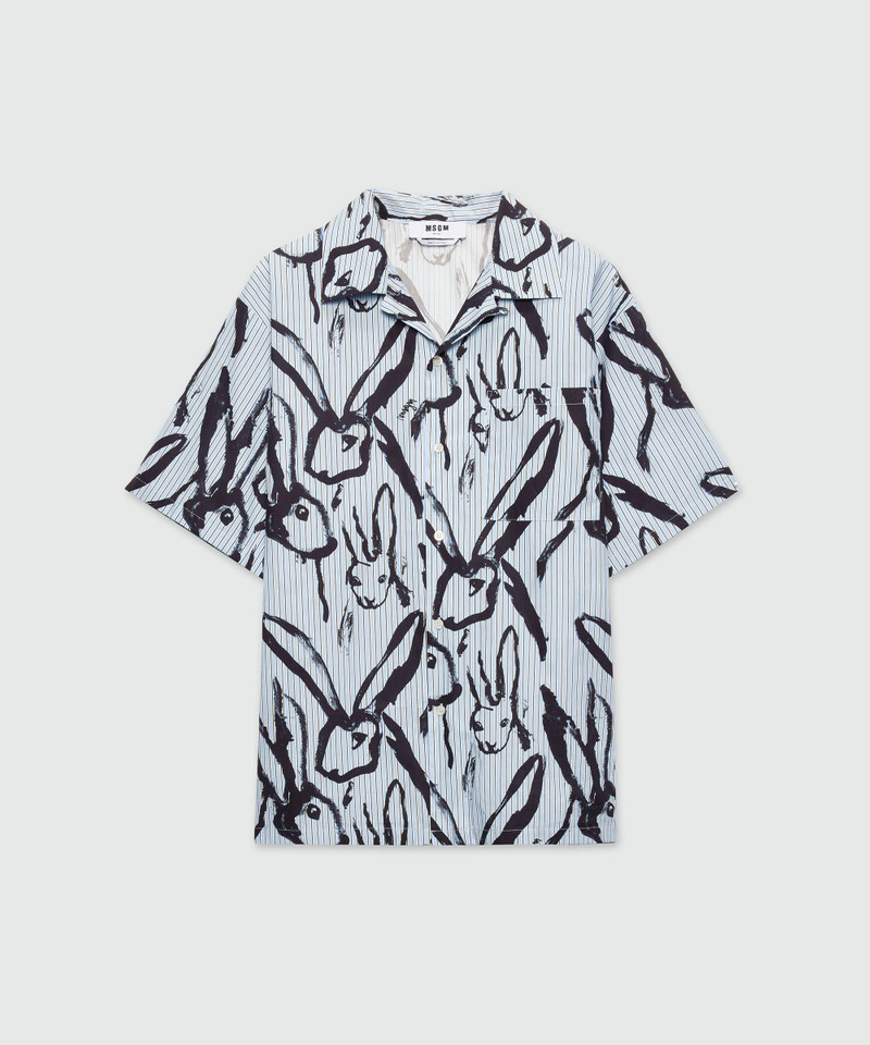 Light blue striped poplin bowling shirt with "Sketched Bunnies" print 1