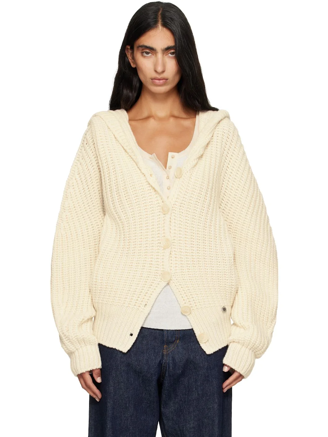 Beige Chunky Ribbed Hooded Cardigan - 1