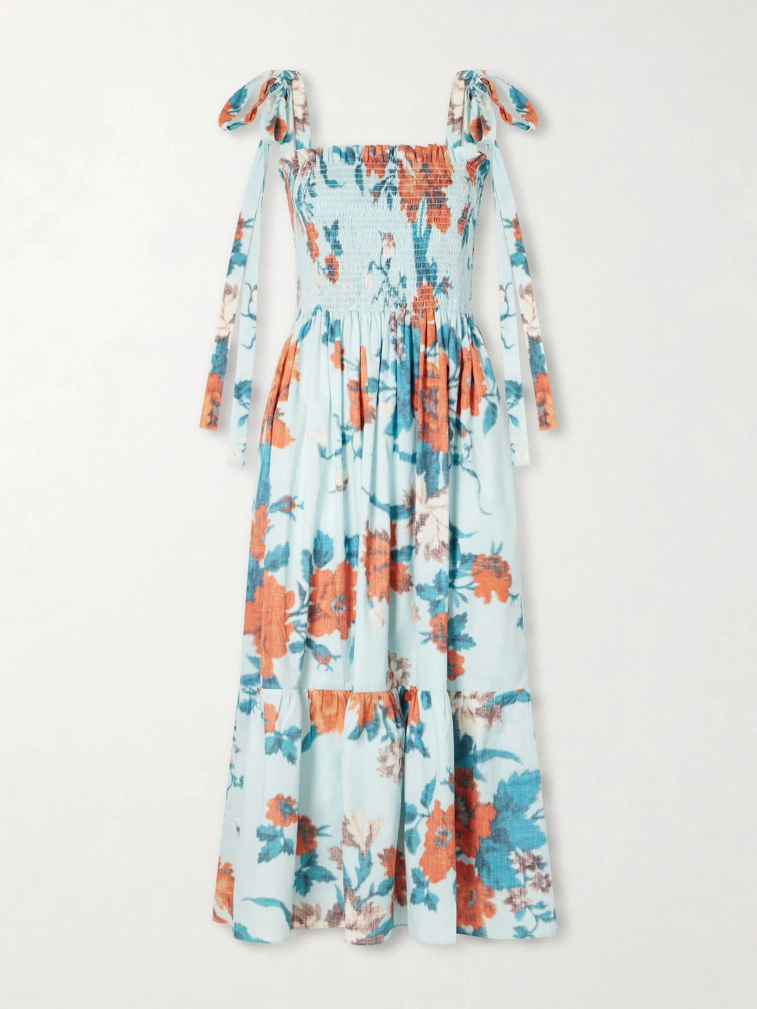 Shirred floral-print cotton midi dress Blue - 1