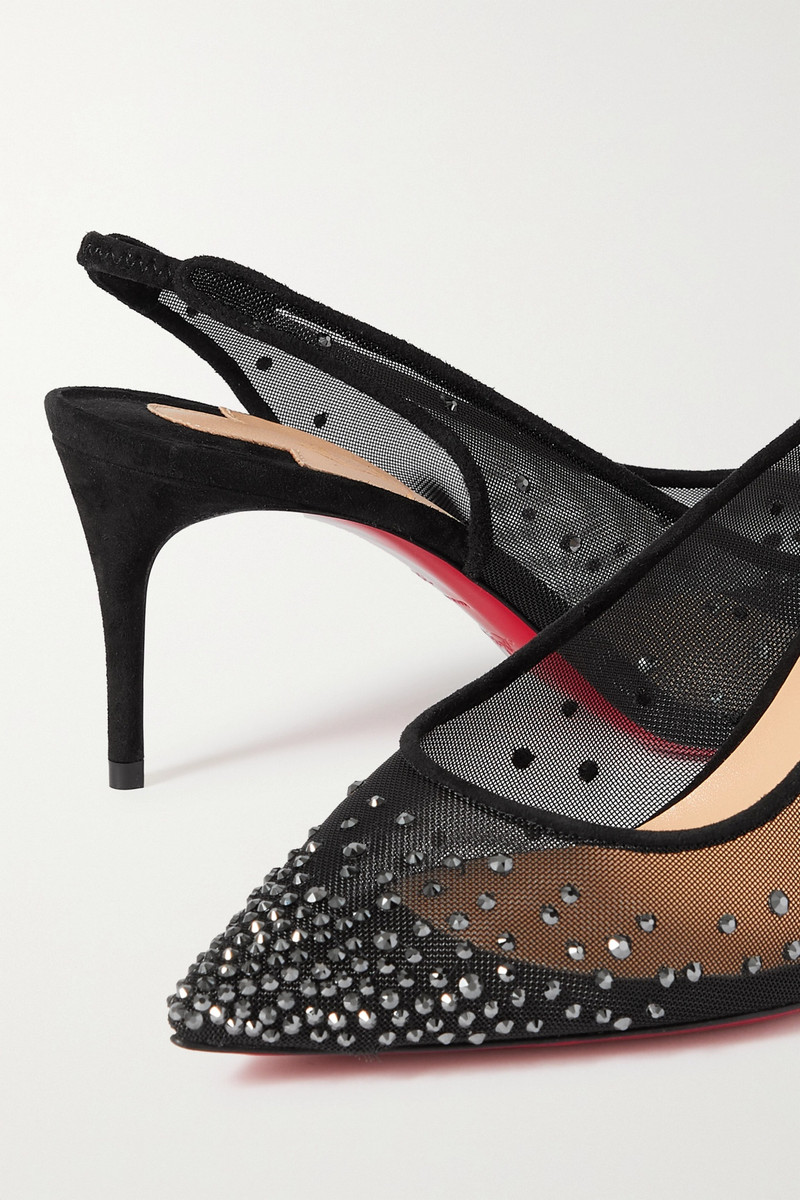 Follies 70 suede-trimmed crystal-embellished mesh slingback pumps 4