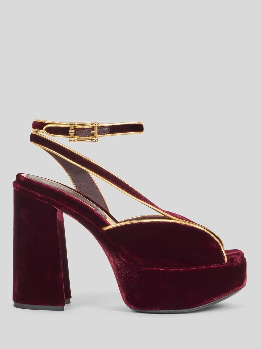 VELVET PLATFORM SANDALS WITH METALLIC TRIM - 1