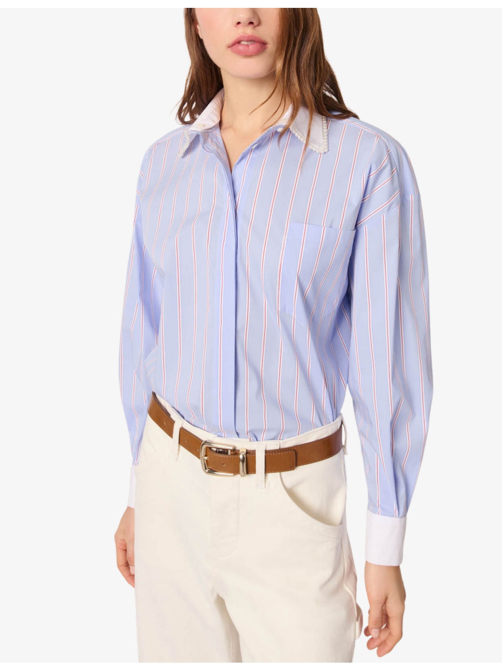 Striped Contrast-Collar Cotton Shirt - 5