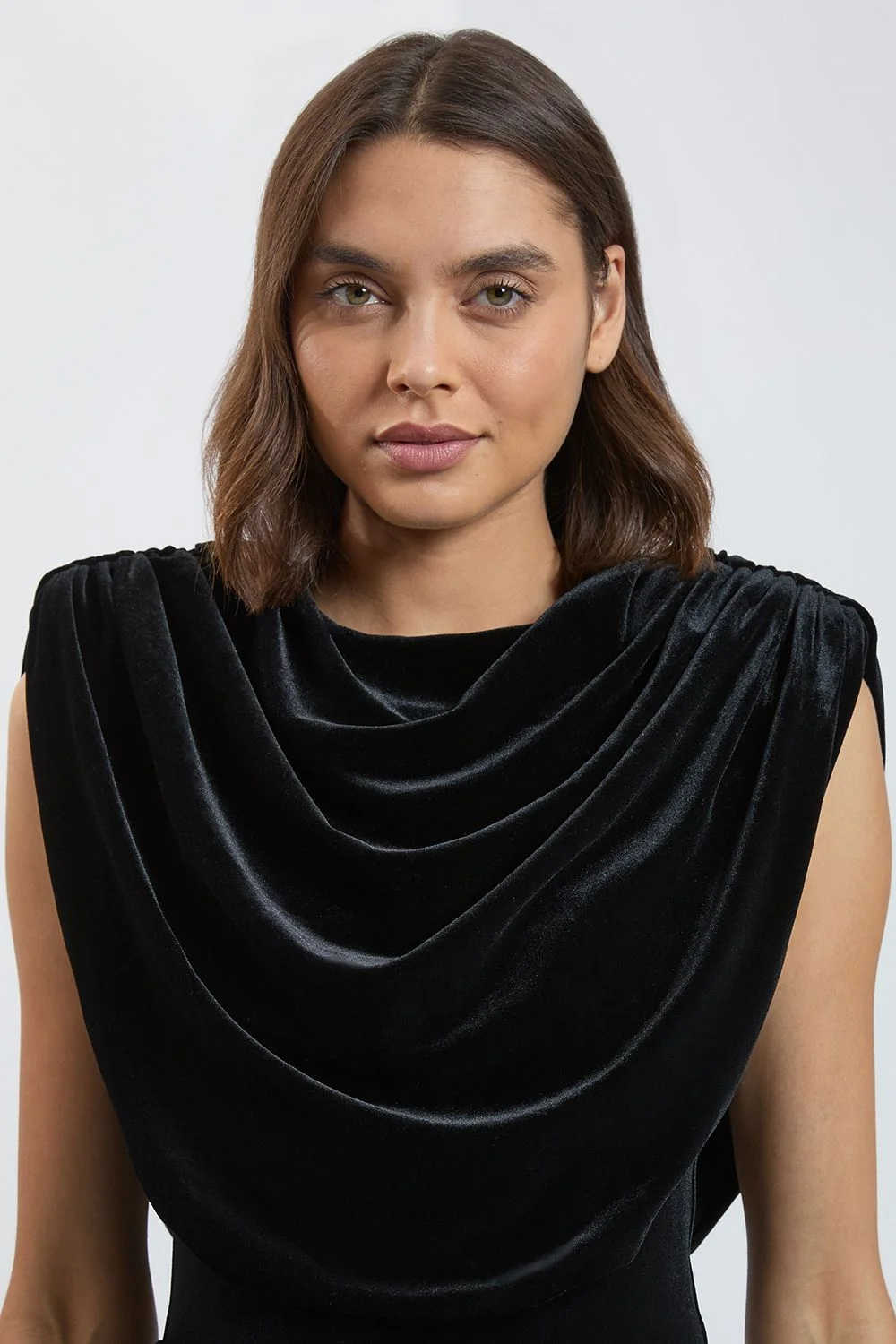 Velvet Cowl Neck Strong Shoulder Jersey Bodysuit - 1