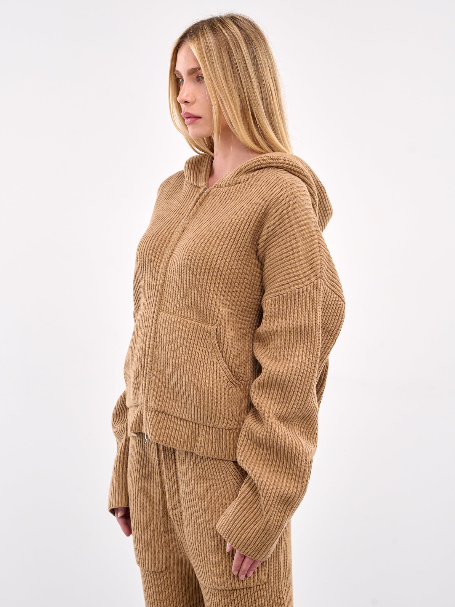Zip-Up Ribbed Knit Hoodie - 2