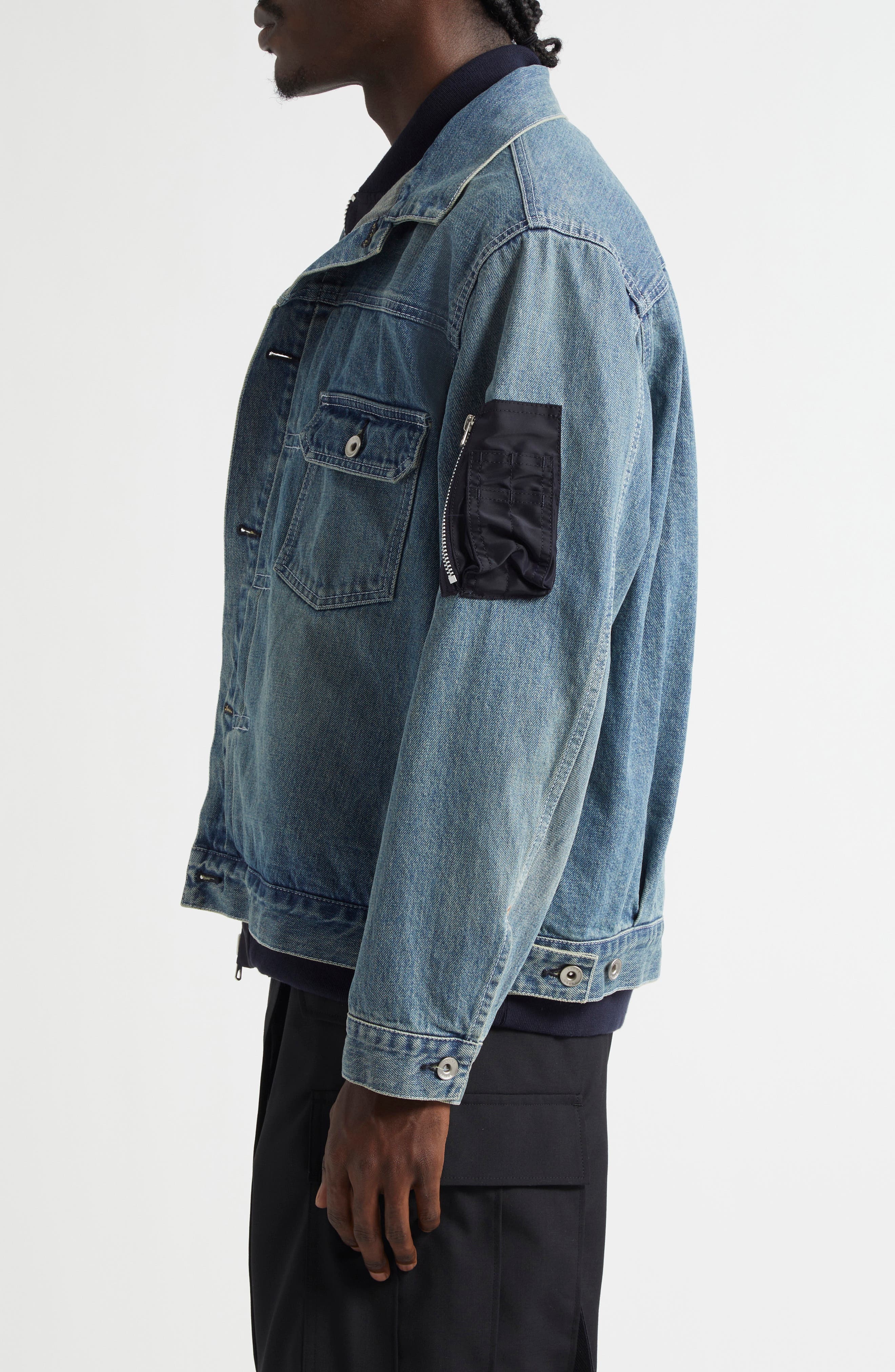 Sacai Layered Mixed Media Trucker Jacket in Light Blue at Nordstrom - 4