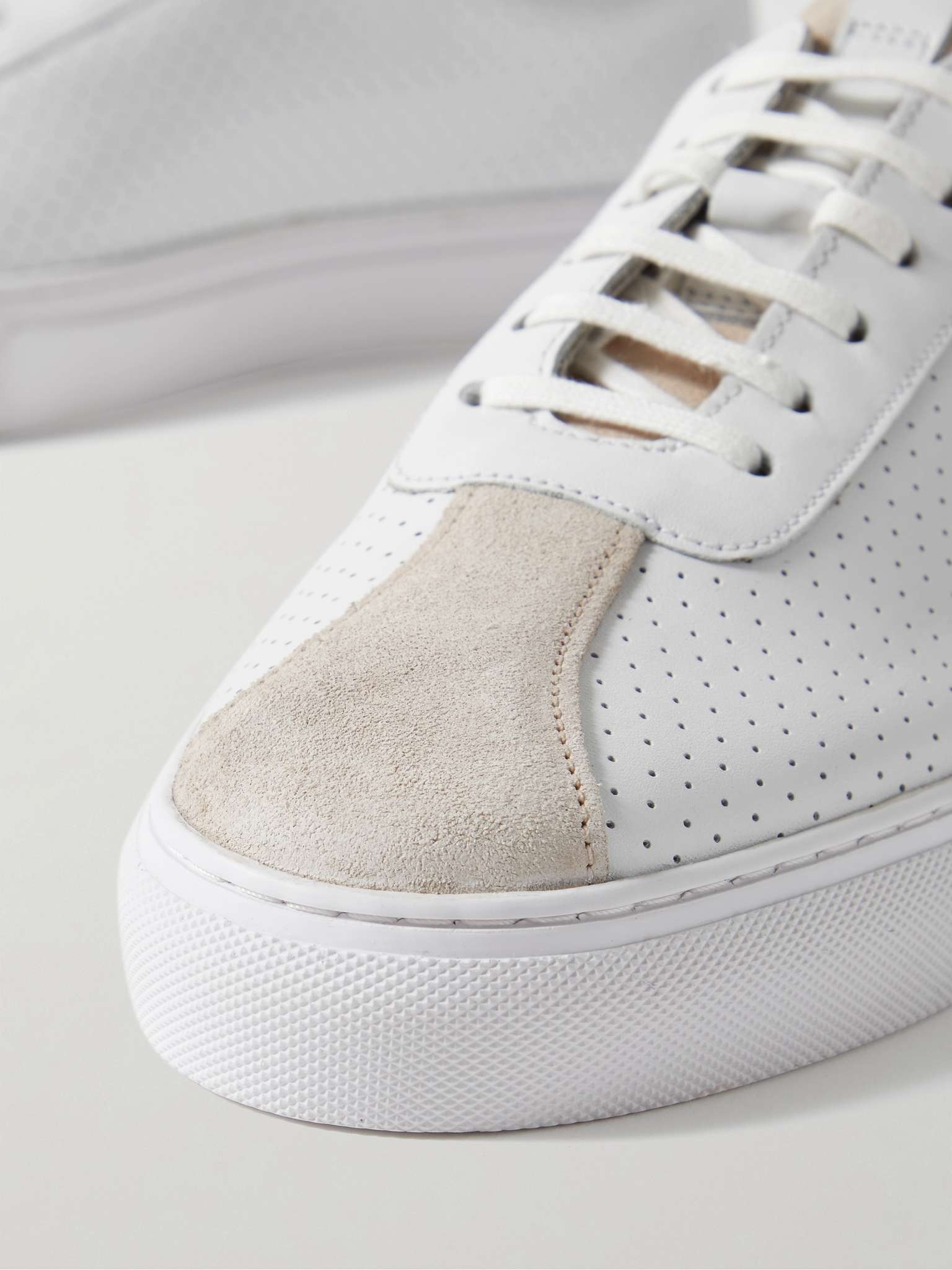 Suede-Trimmed Perforated Leather Sneakers - 6