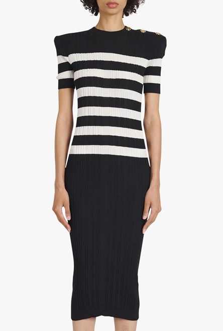 Mid-length black and nude striped knit dress - 5