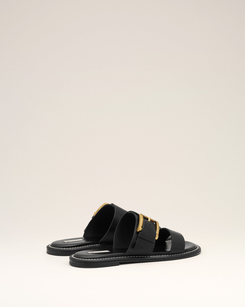 BLACK COW LEATHER BUCKLE SANDALS 4