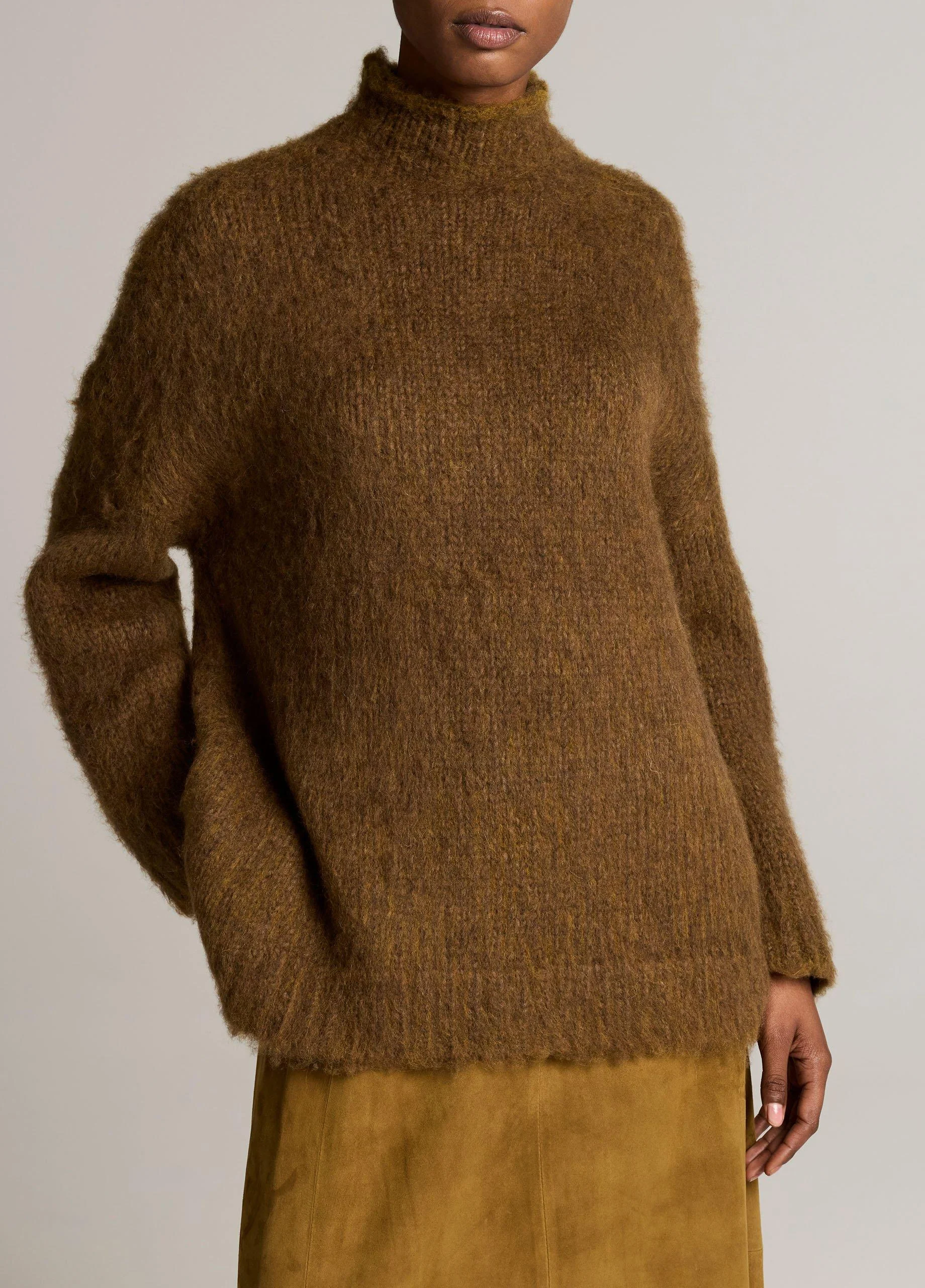 Brushed Wool-Cotton Oversized Mock-Neck Sweater - 1