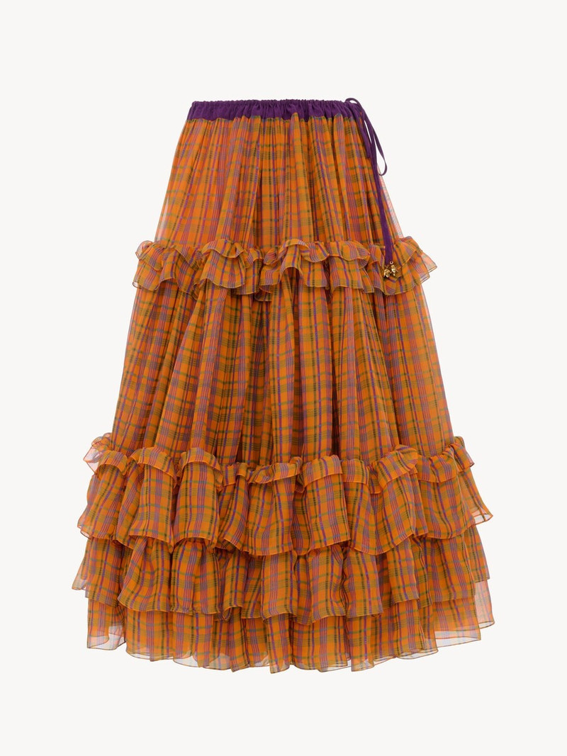 RUFFLED LONG SKIRT IN CHECK SILK MOUSSELINE 1