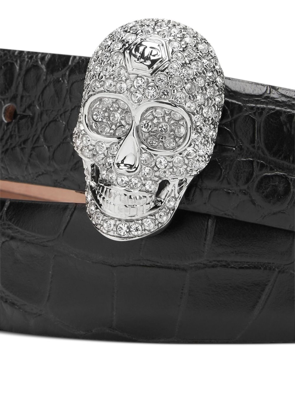 crocodile-embossed skull-buckle leather belt - 3