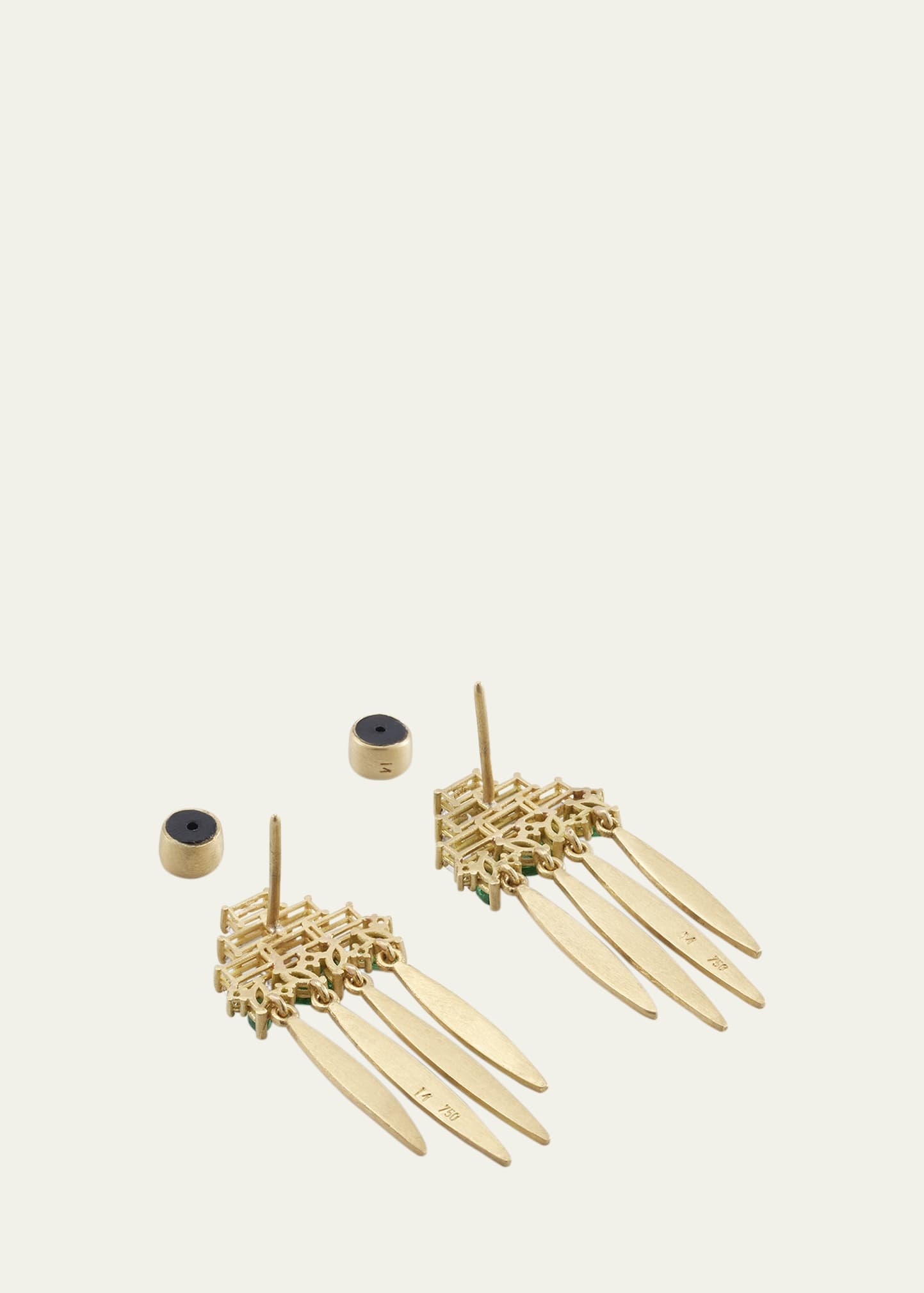 18K Yellow Gold Grass Spike Earrings with Diamonds and Emeralds - 4