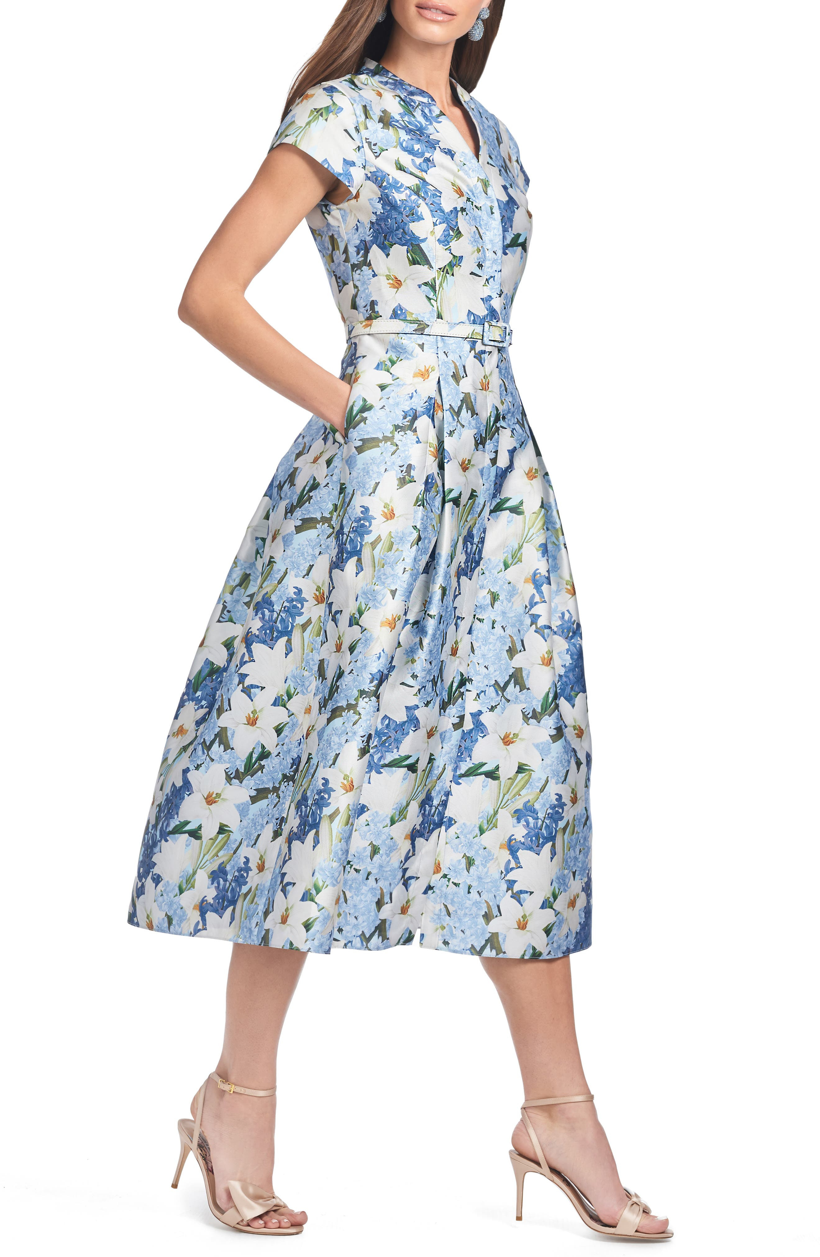 Sachin & Babi Martine Floral Print Belted Midi Dress in Sky Blue Star Lillies at Nordstrom - 3