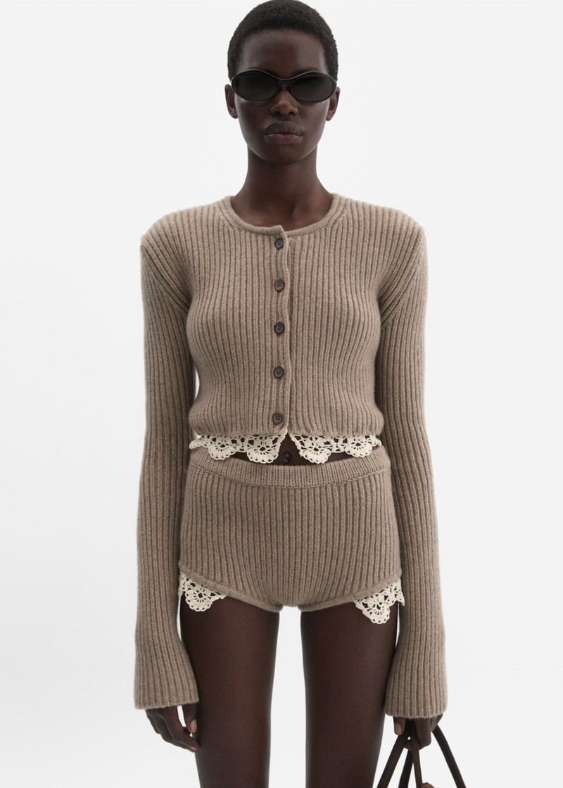 MAGDA BUTRYM Long-sleeve crochet-trim cropped cardigan in beige outlook