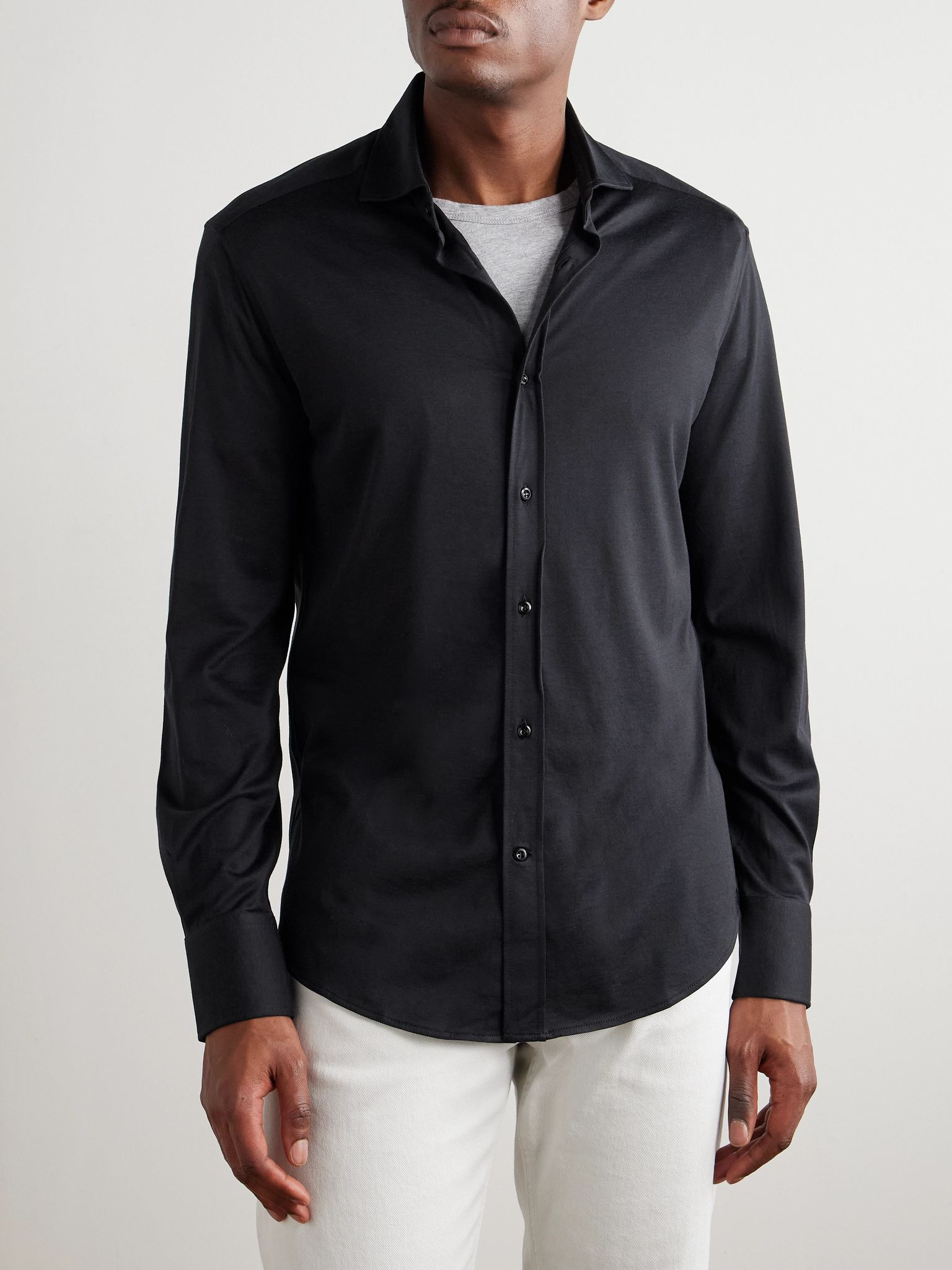 Cutaway-Collar Silk and Cotton-Blend Shirt Black - 3