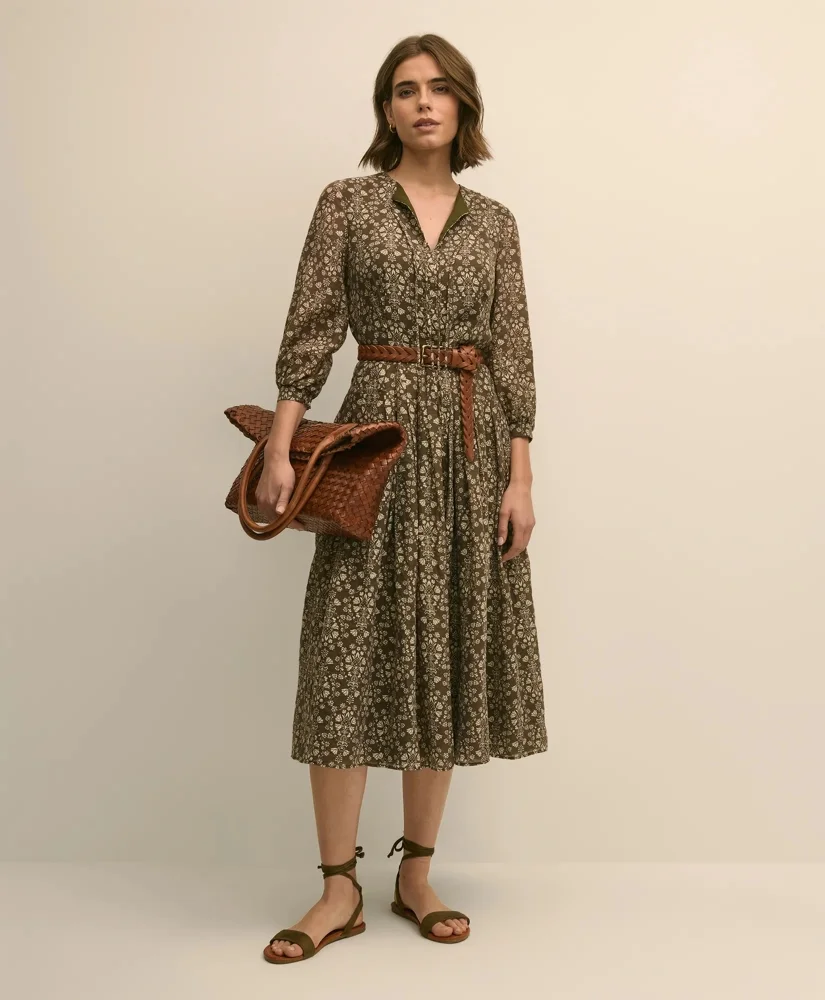 Tie-Neck Pleated Floral-Trellis Print Dress - 1