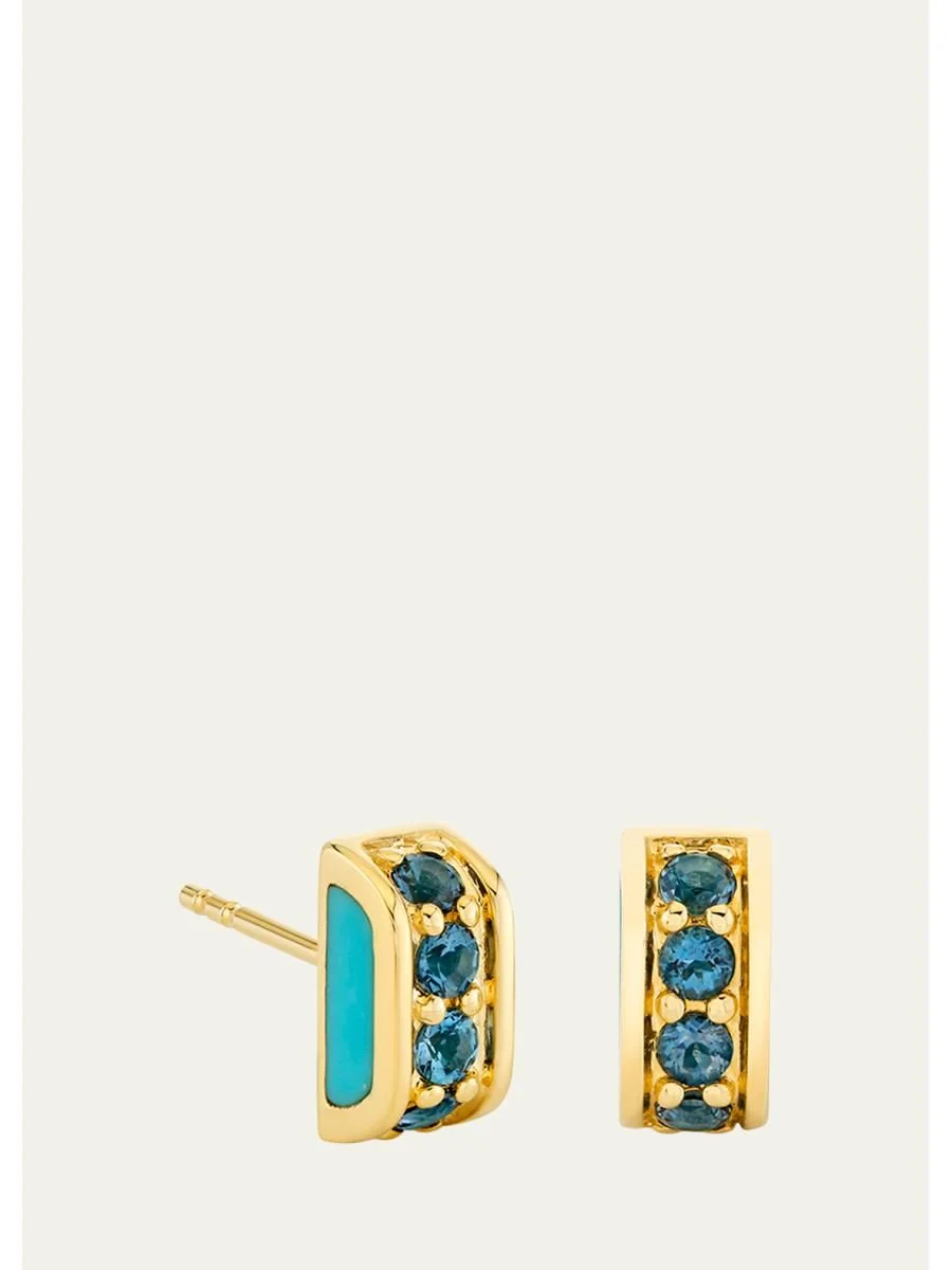14K Yellow Gold Turquoise Stud Inlay Earrings with Blue Topaz - 1