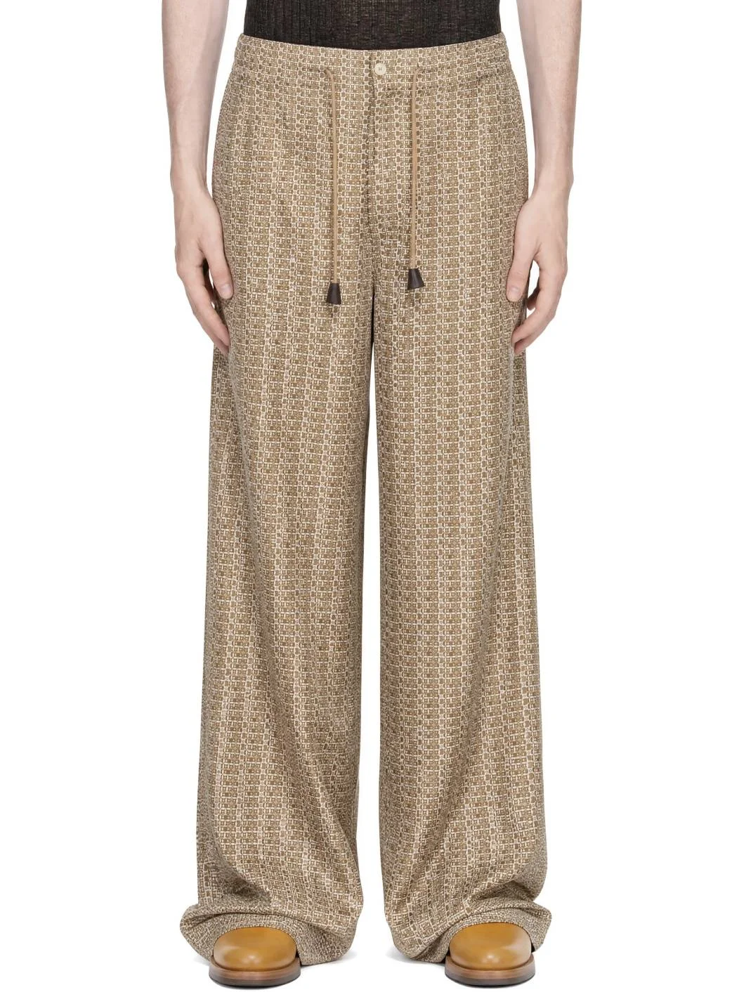Green & Beige Print Flow Trousers - 1