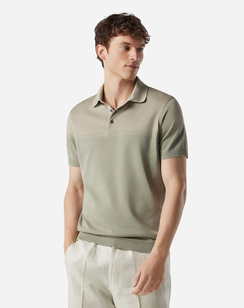 CORNELIANI Beige/sage green button-up lisle thread polo shirt outlook