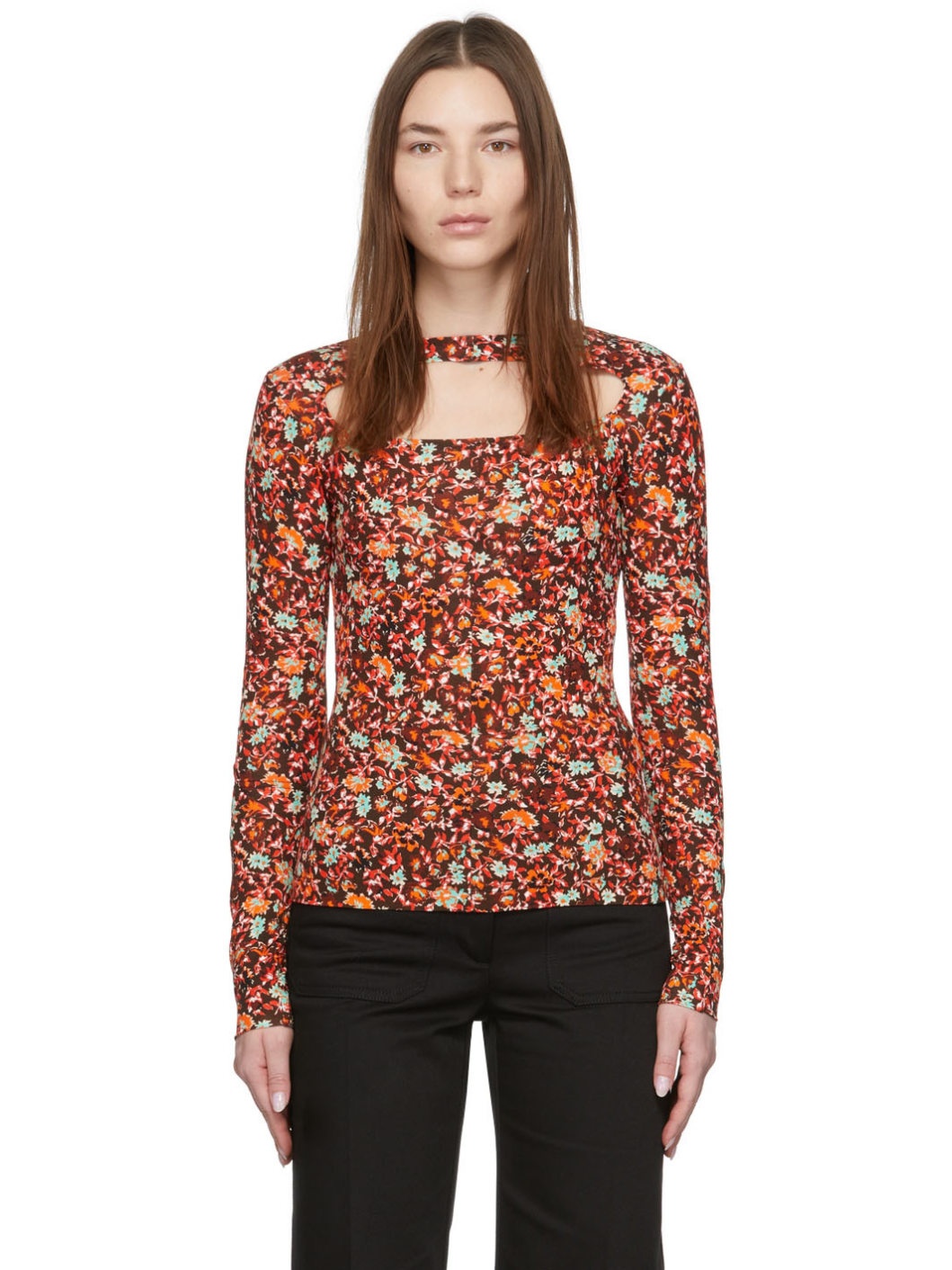 Brown Floral Cut-Out Blouse - 1
