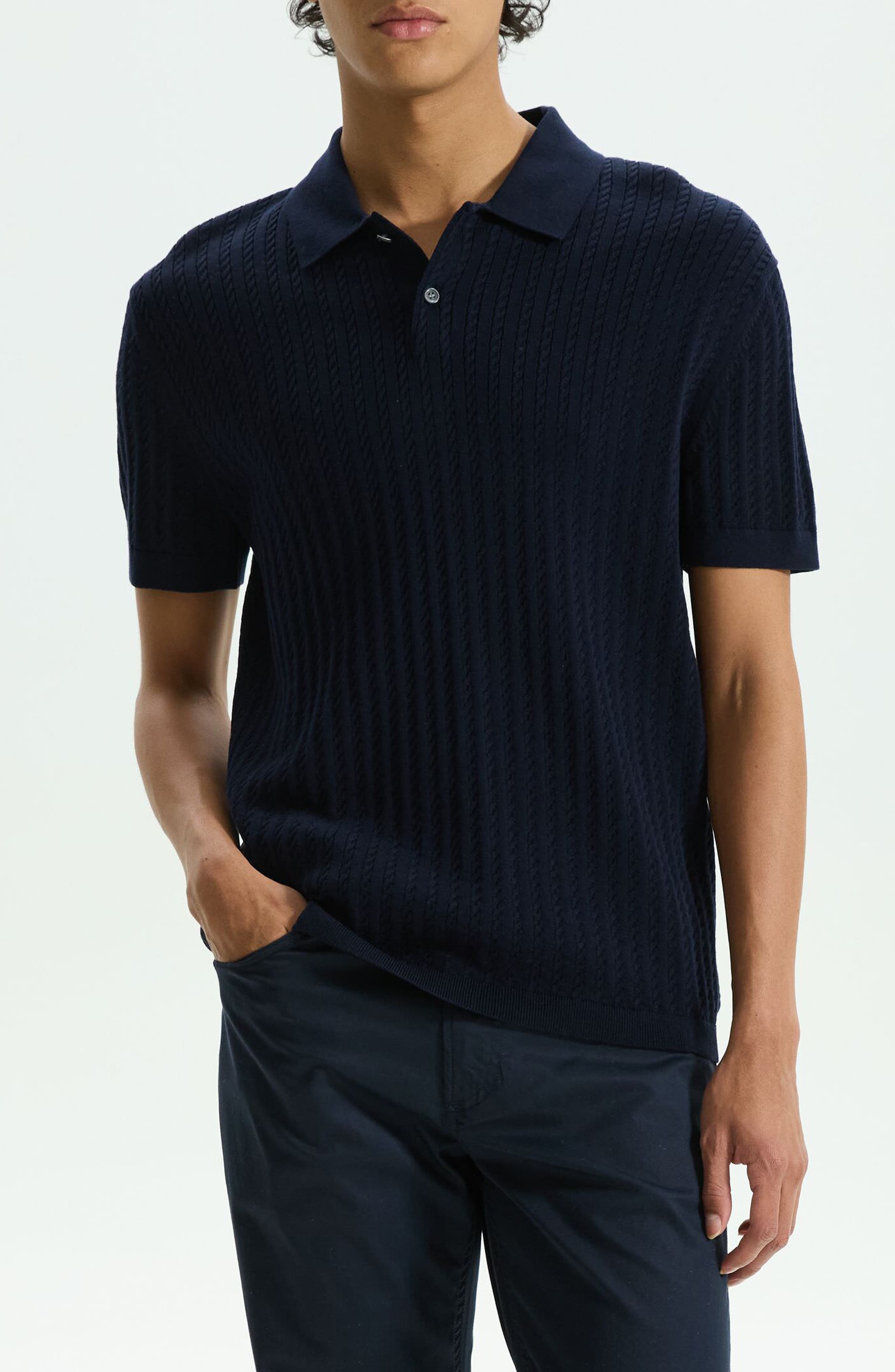 Theory Cable Short Sleeve Cotton Blend Polo Sweater in Baltic at Nordstrom - 1