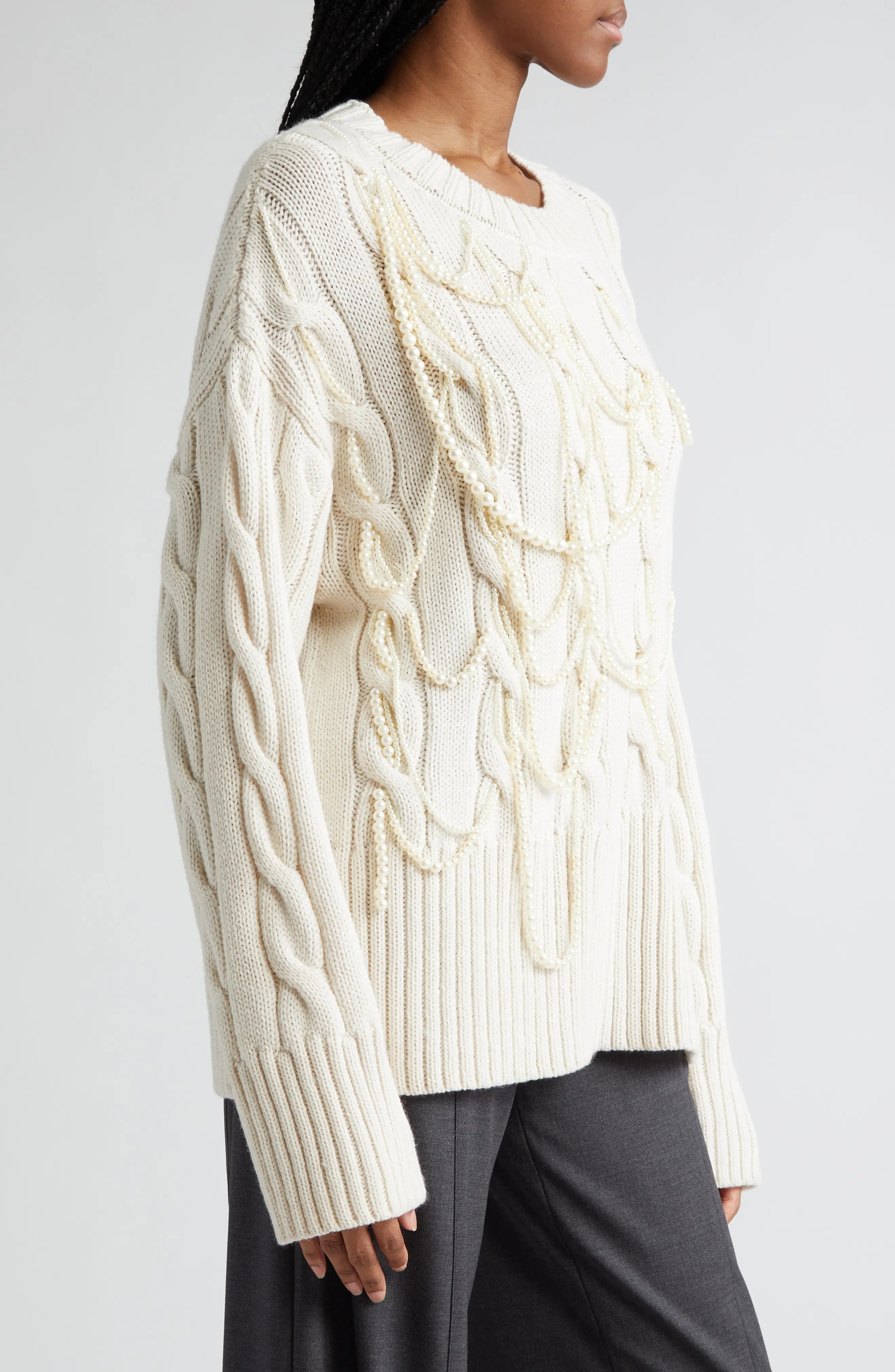 Imitation Pearl Detail Cable Merino Wool Sweater - 4