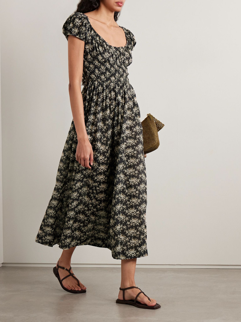 DÔEN Quinley shirred floral-print organic cotton-voile midi dress Black outlook