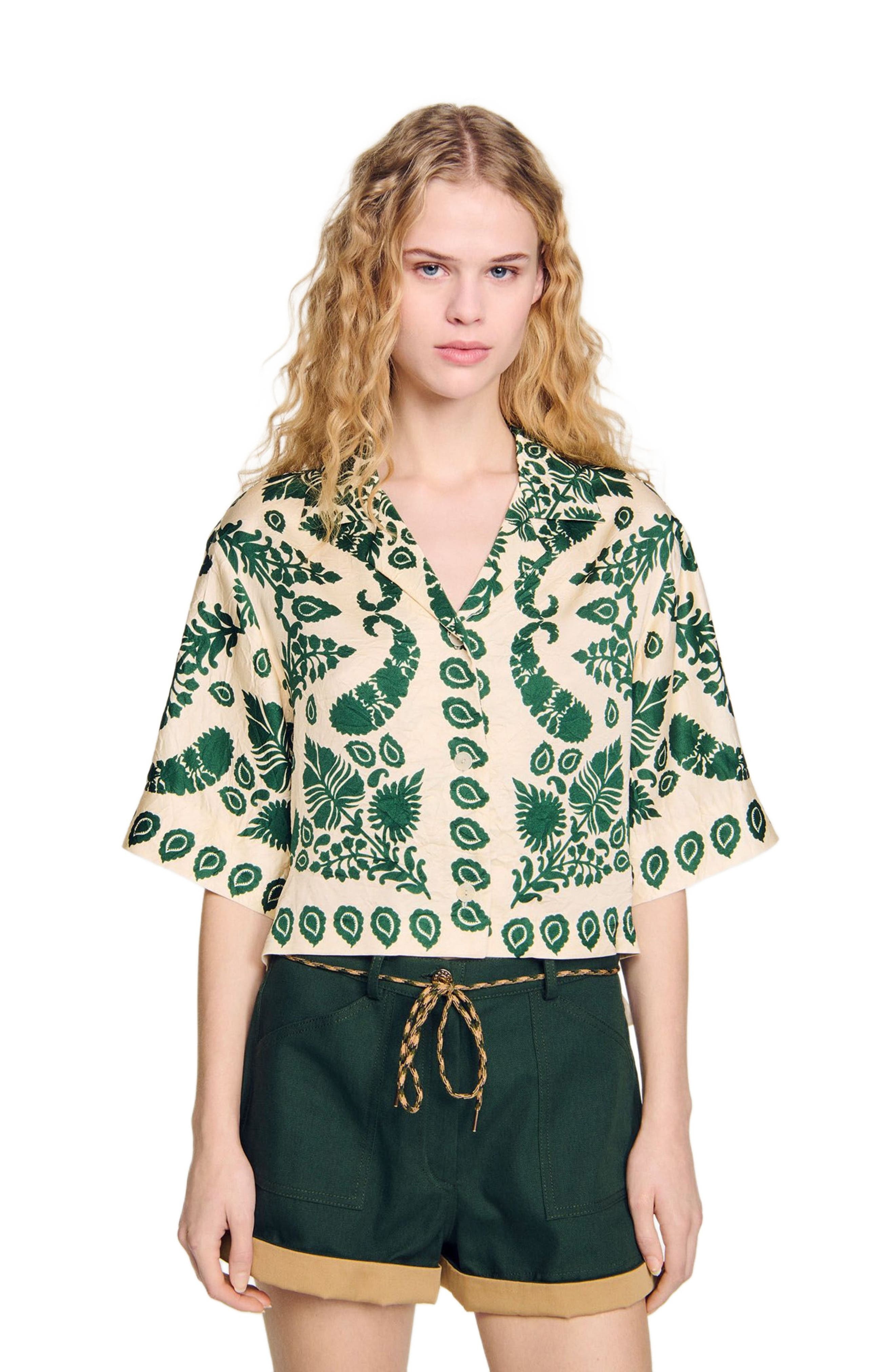 SANDRO Floral motif shirt in Ecru /Green at Nordstrom - 3