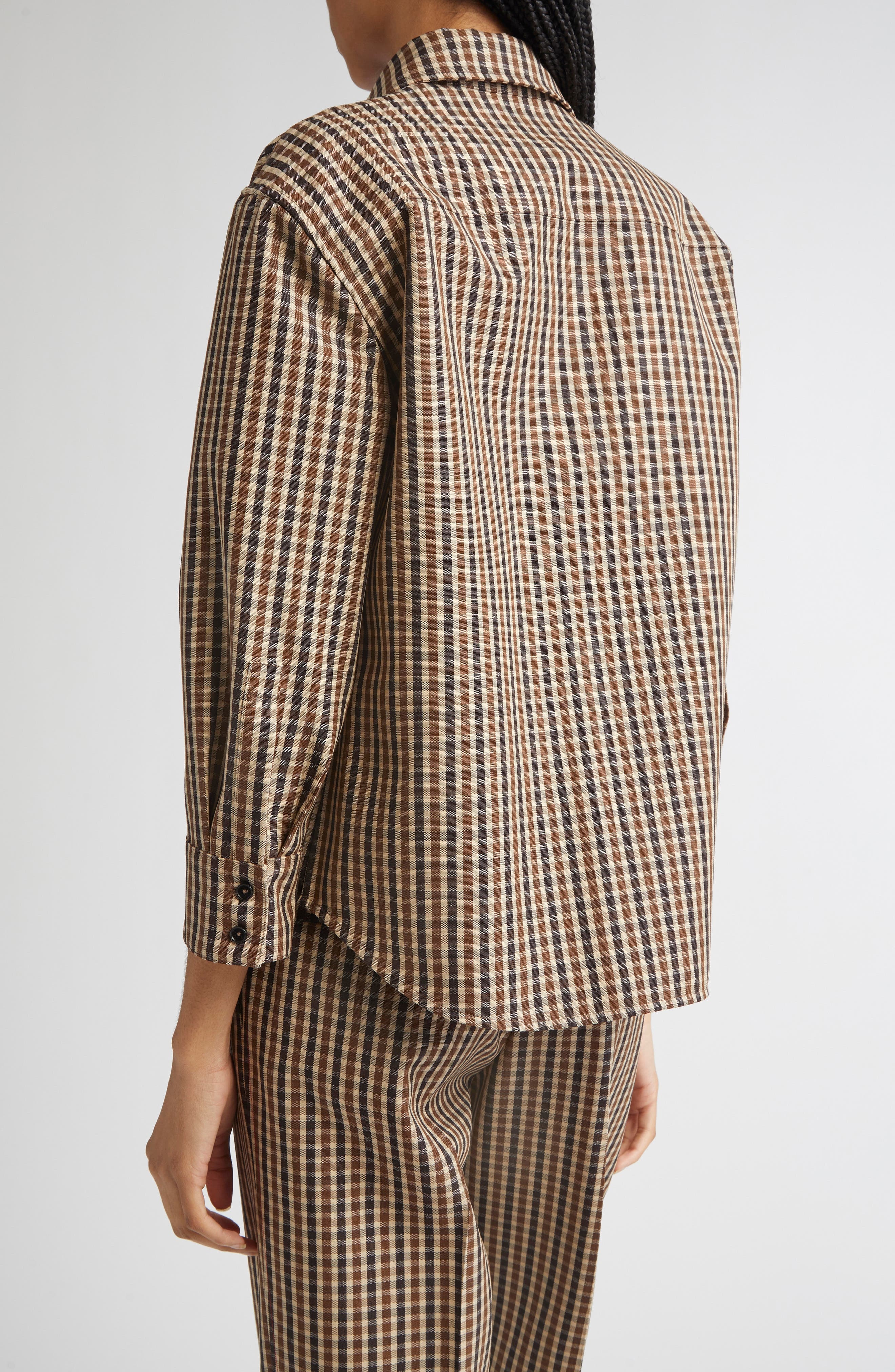 Jil Sander Classic Check Three-Quarter Sleeve Crop Button-Up Shirt in Hazelnut Mouline at Nordstrom - 3