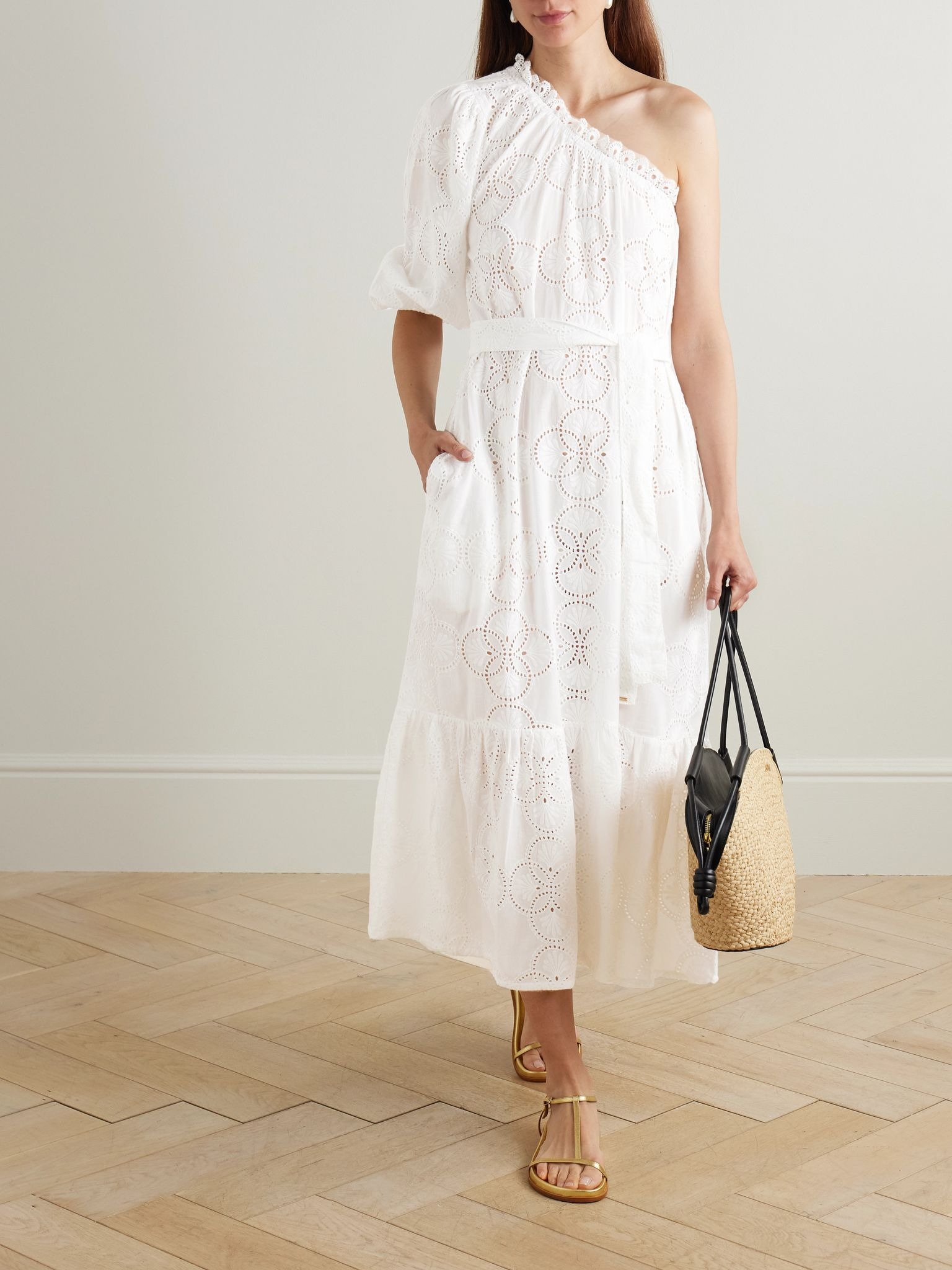 Autumn one-shoulder broderie anglaise cotton midi dress White - 2