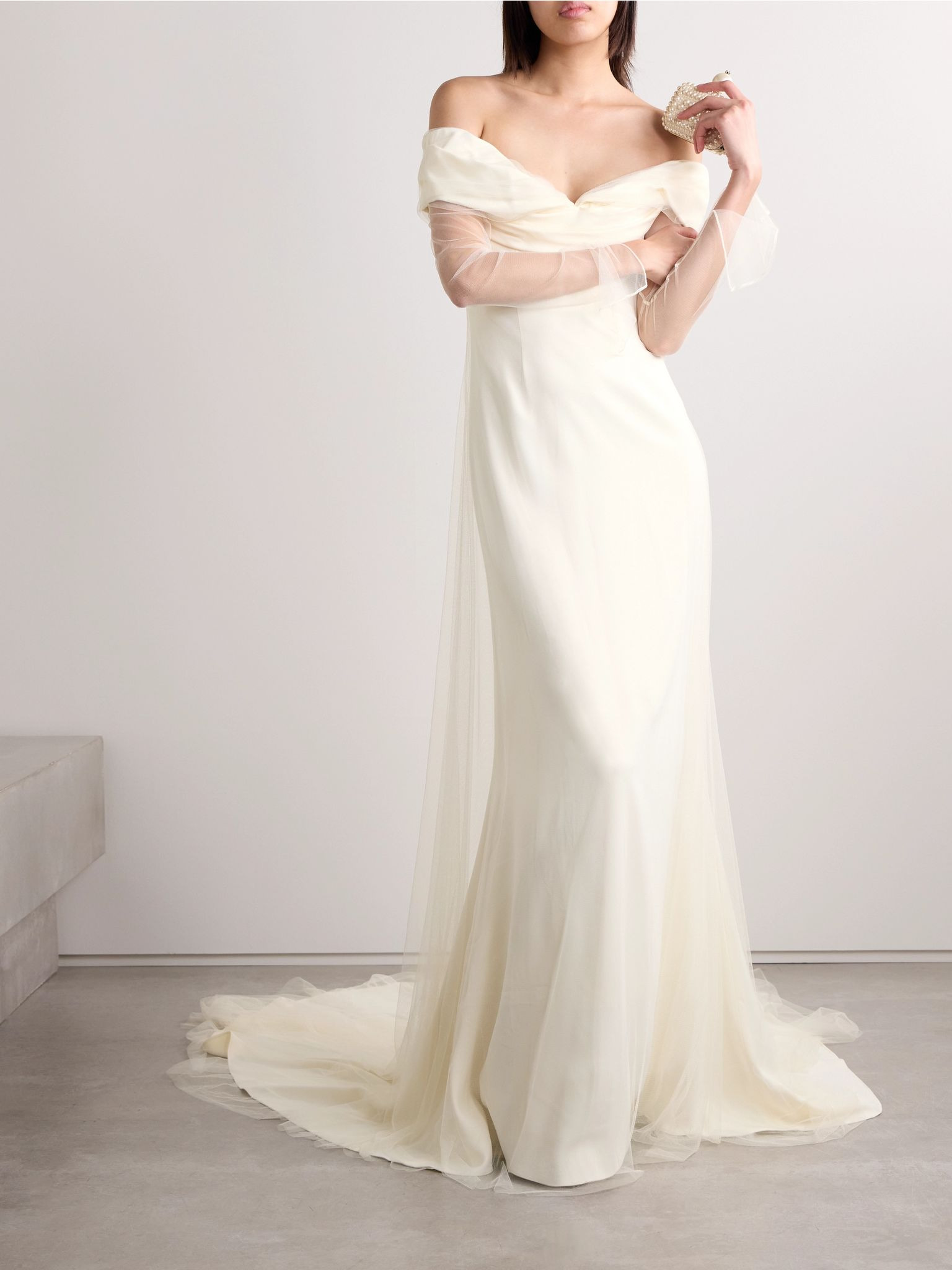 Eloise off-the-shoulder layered tulle and cady gown Cream - 2