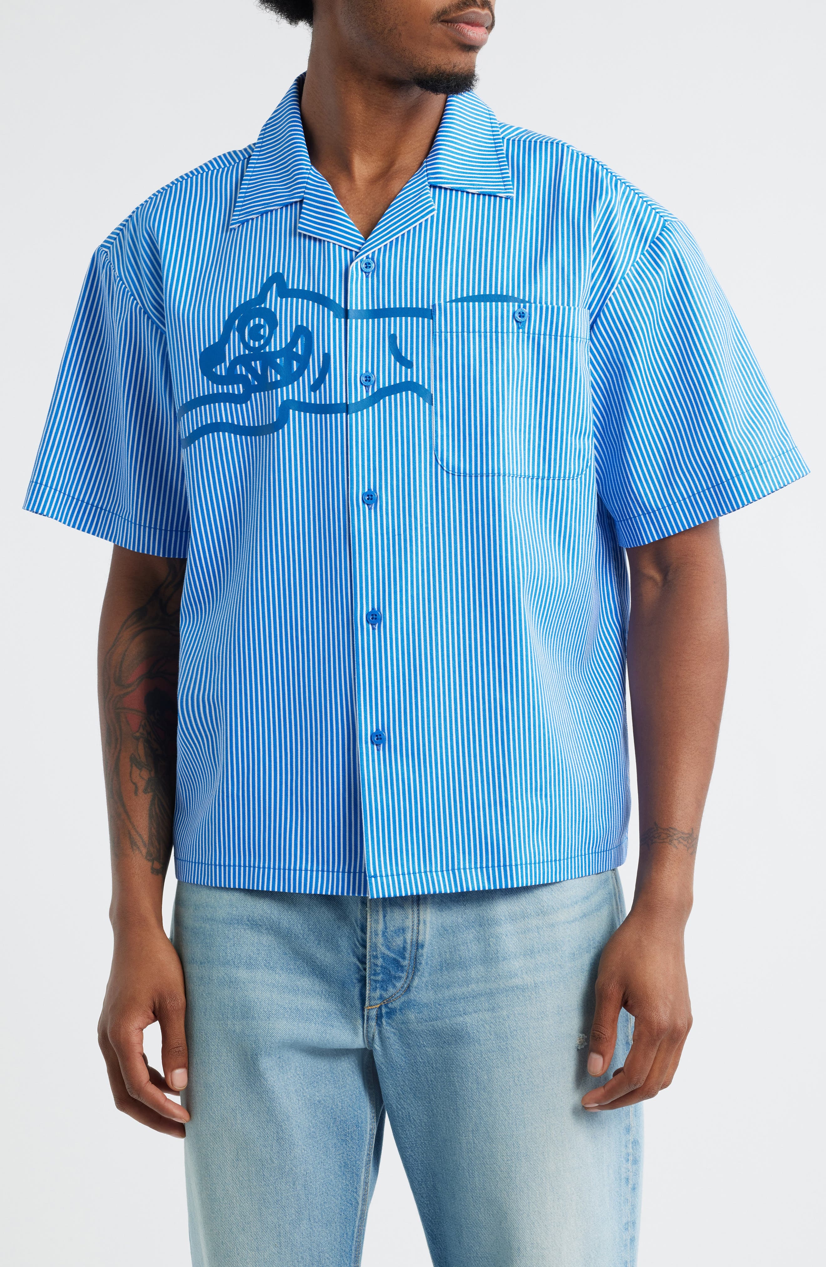 ICECREAM Decker Pinstripe Cotton Camp Shirt in Victoria Blue at Nordstrom - 1