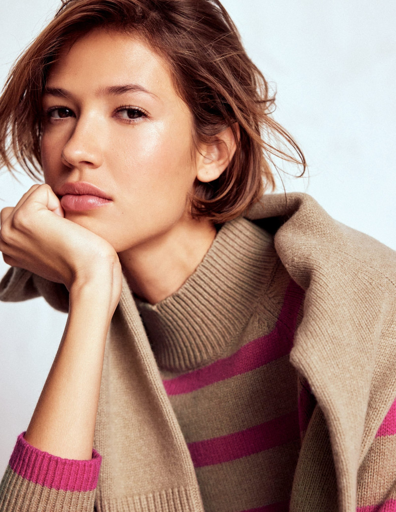 Marion Merino Rib Neck Sweater-Camel, Brilliant Pink Stripe 4