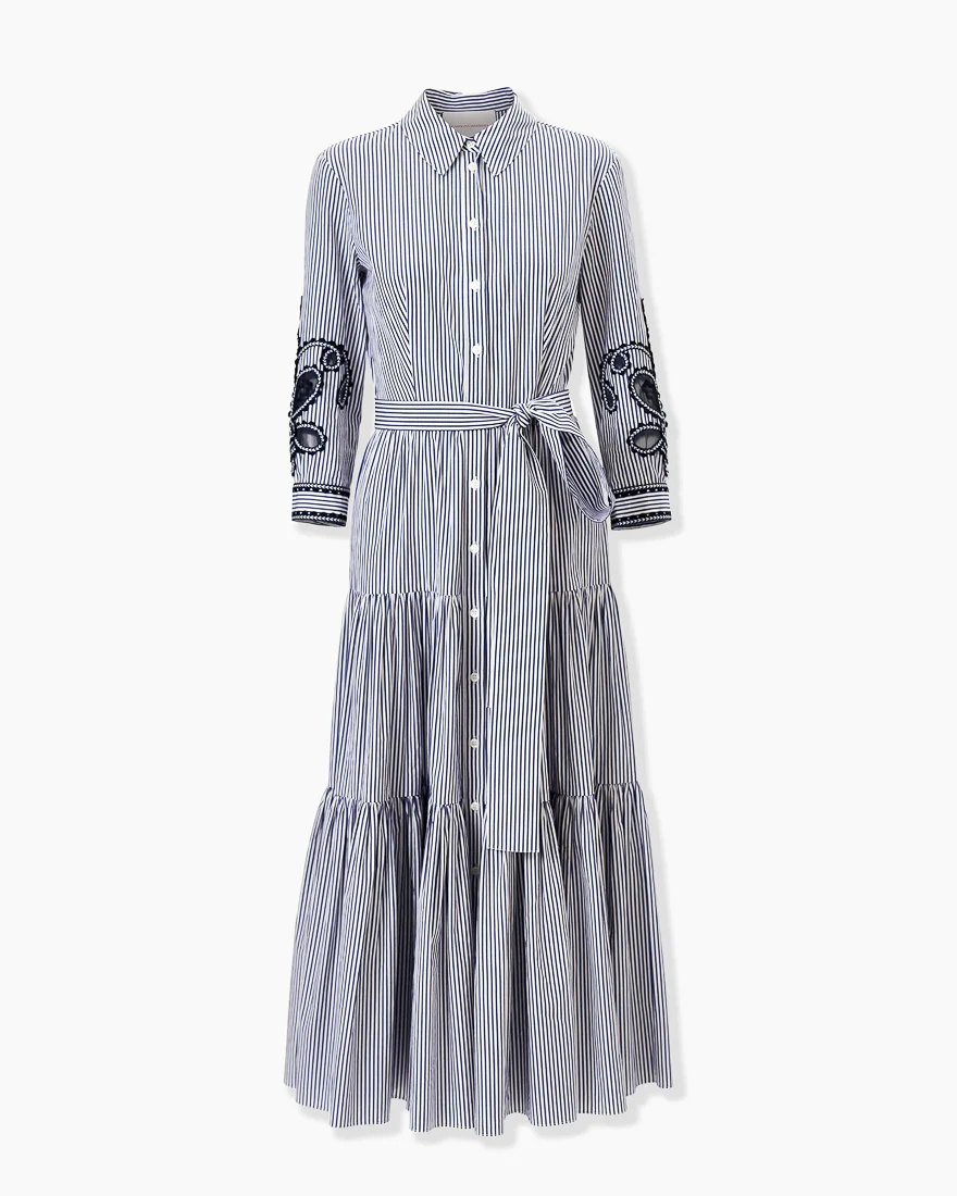 Embroidered Striped Midi Shirt Dress - 1