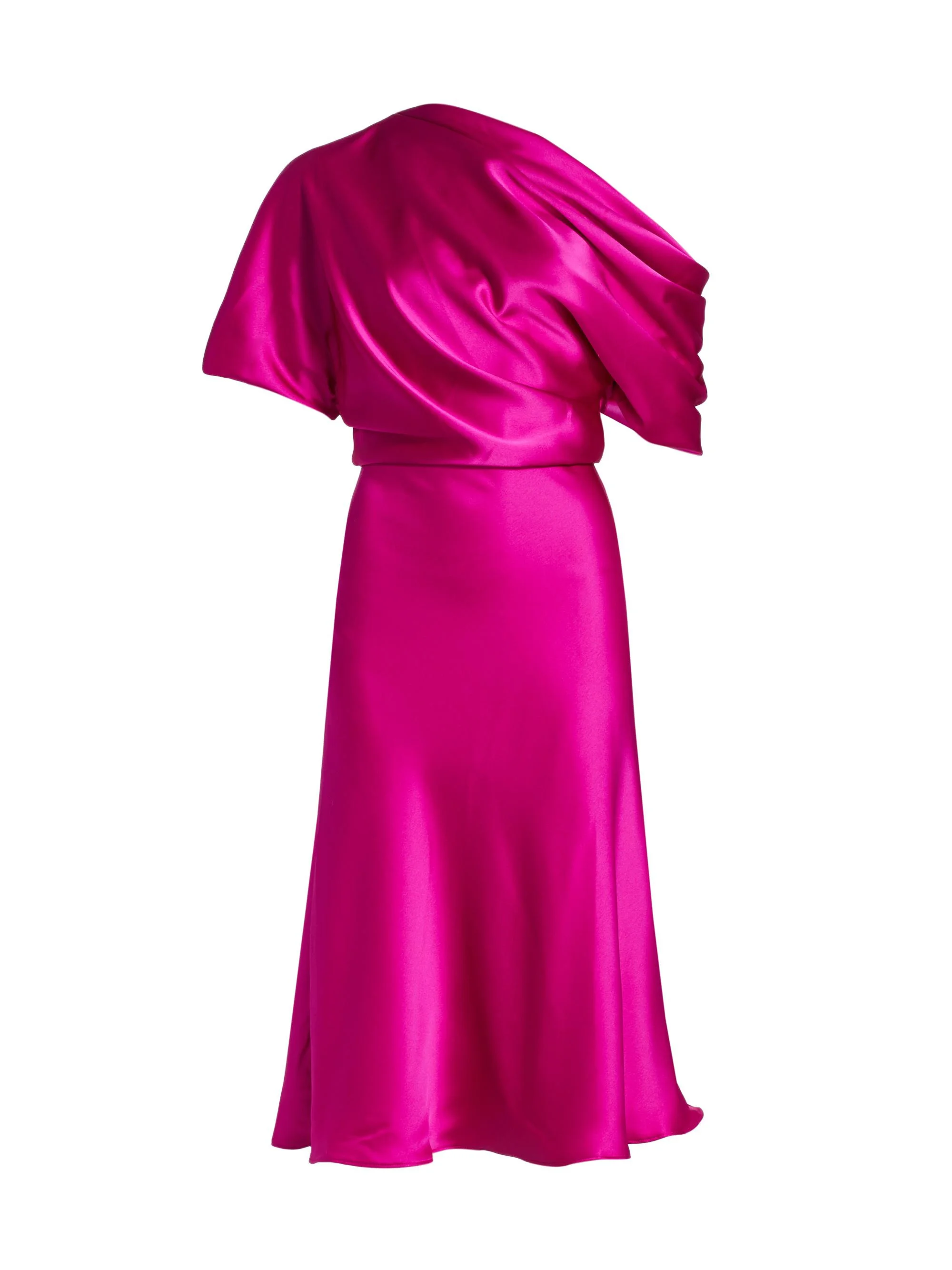 Women's Draped Satin One-Shoulder Midi-Dress - Fuchsia - 1