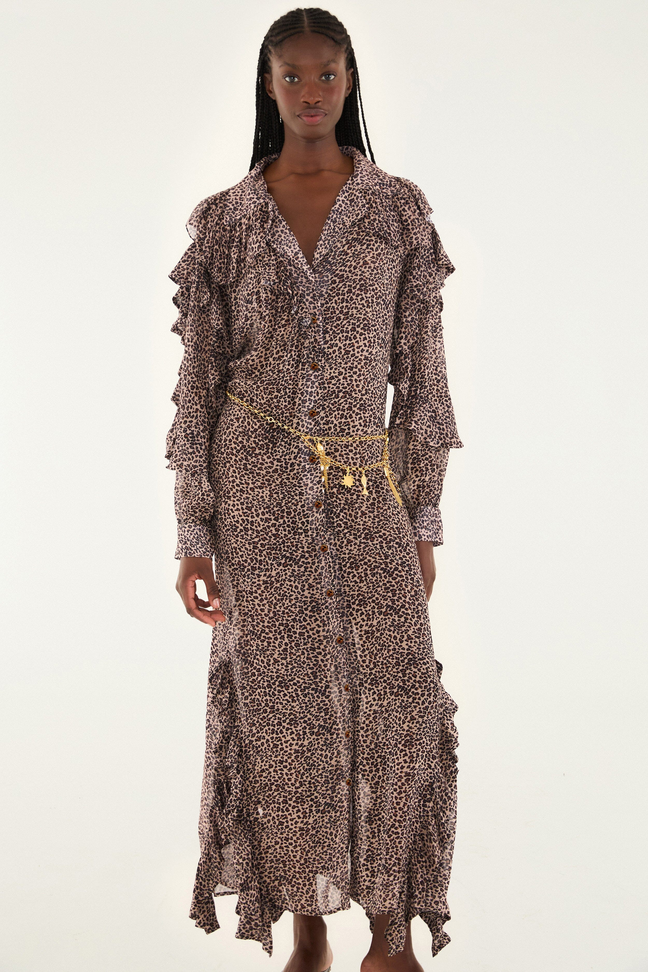 Pink Baby Leopard Long Sleeve Angled Frill Maxi Dress - 3