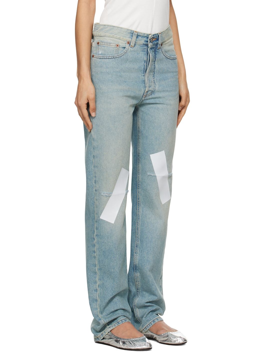 Blue Distressed Taped 5 Pocket Jeans - 2