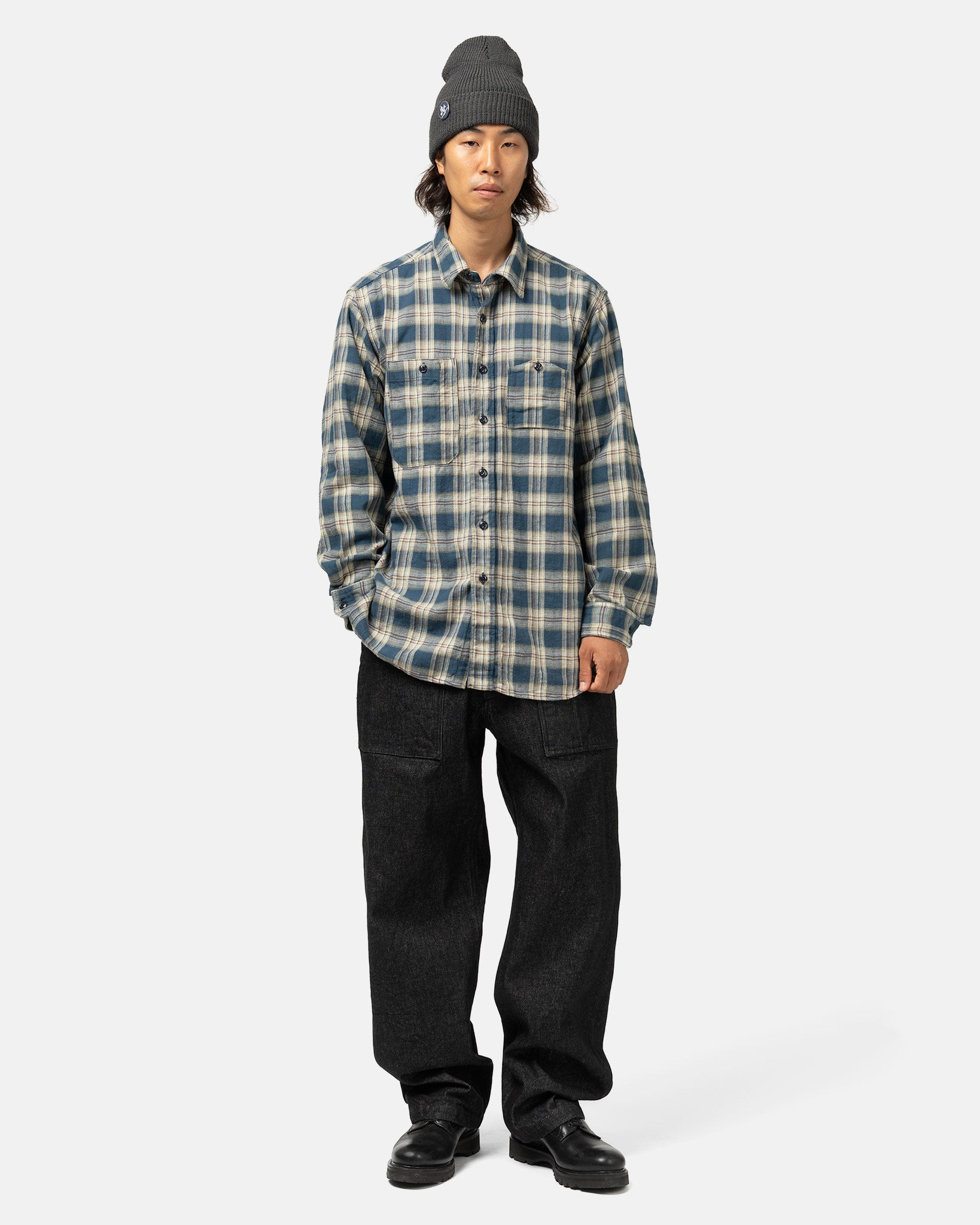 Cotton Plaid Jacquard Work Shirt Navy - 2