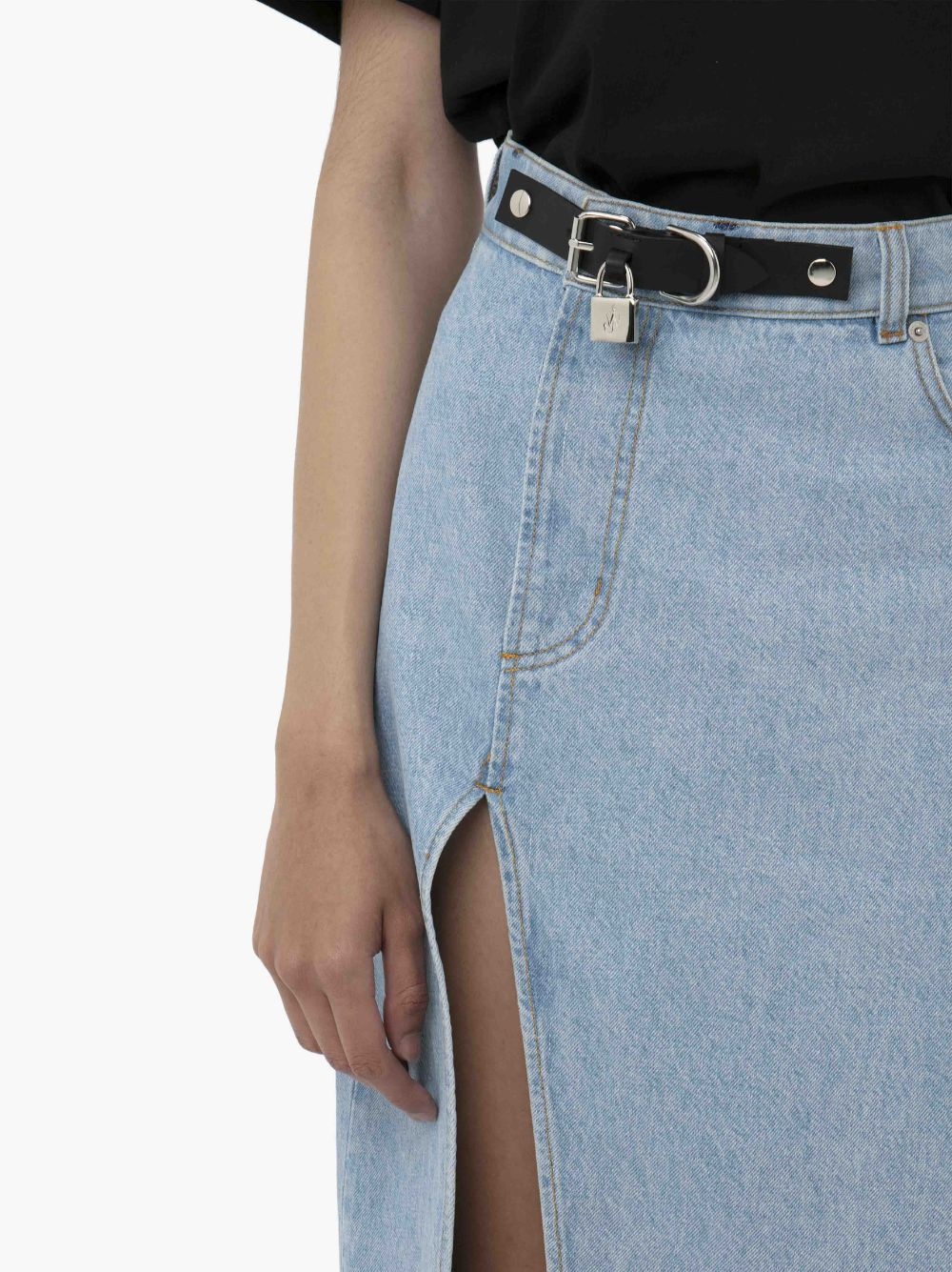 PADLOCK STRAP LONG SLIT DENIM SKIRT - 5