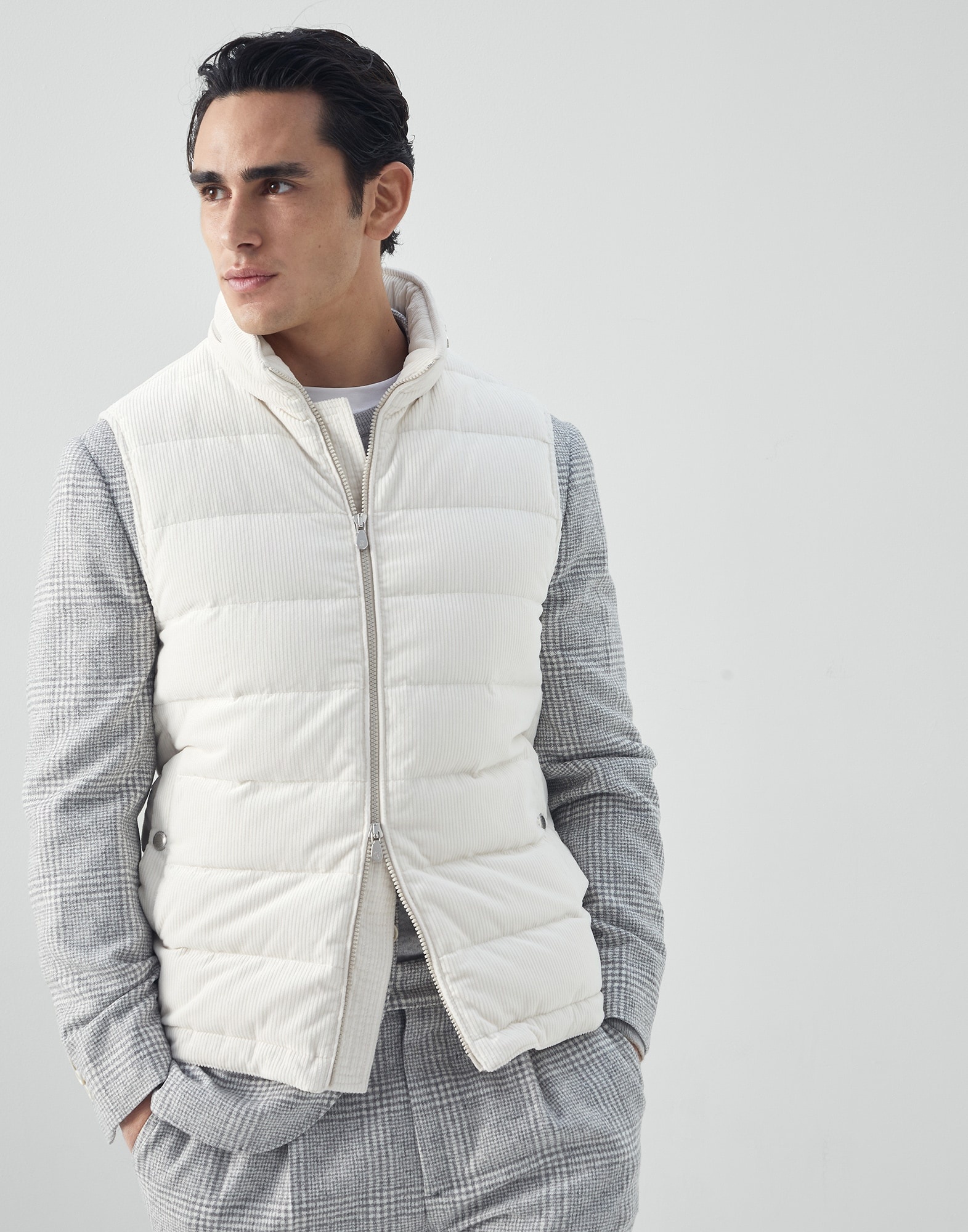 Sea Island cotton corduroy down vest with packable hood - 1