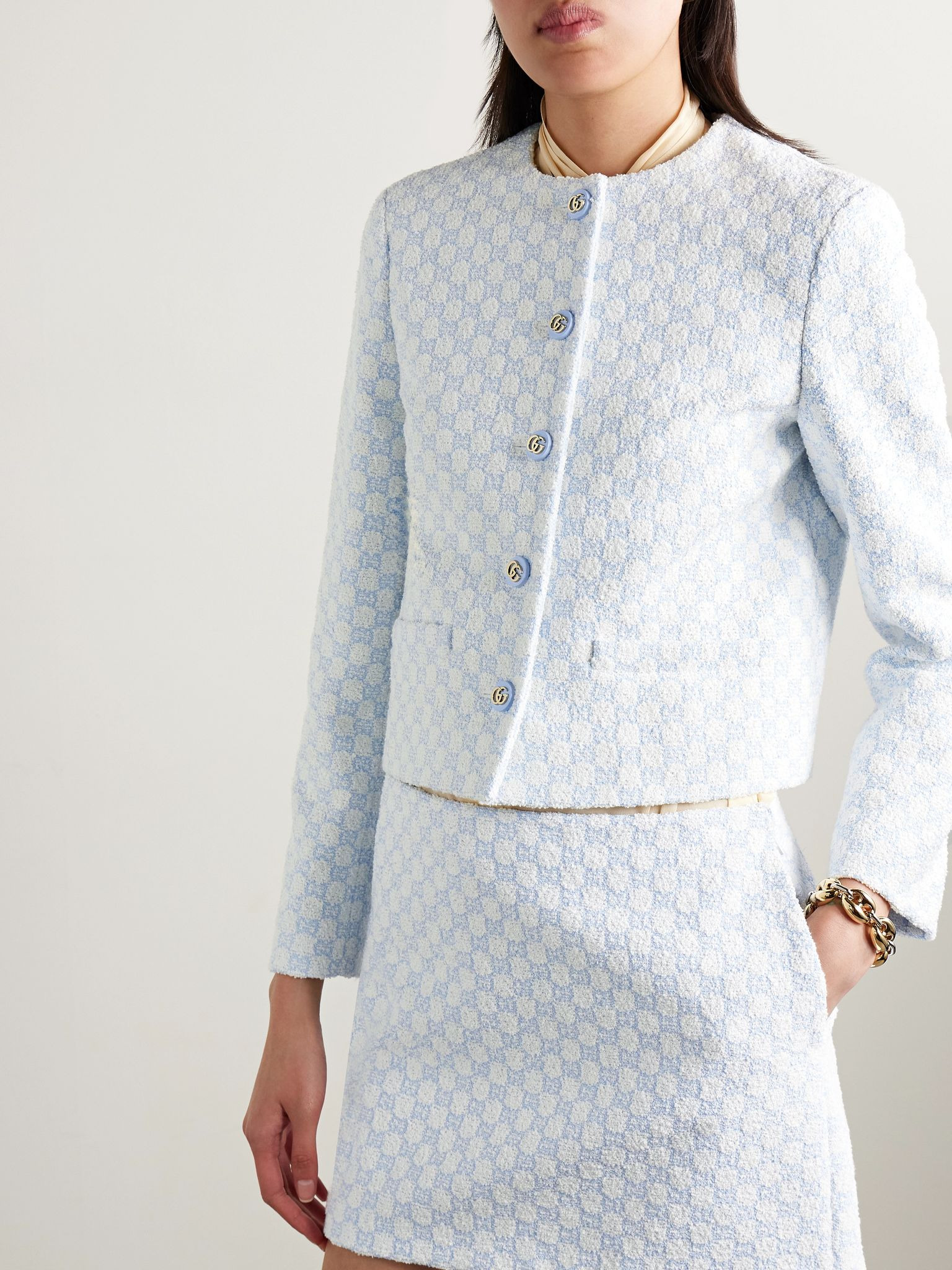 Cropped jacquard-knit cotton-blend bouclé-tweed jacket White - 3