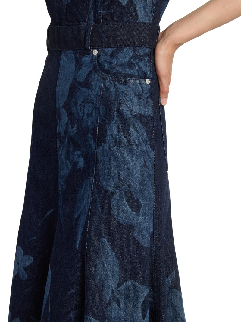 Women's Denim Floral Fluted Midi-Dress - Dutch Flower Painting Indigo 6