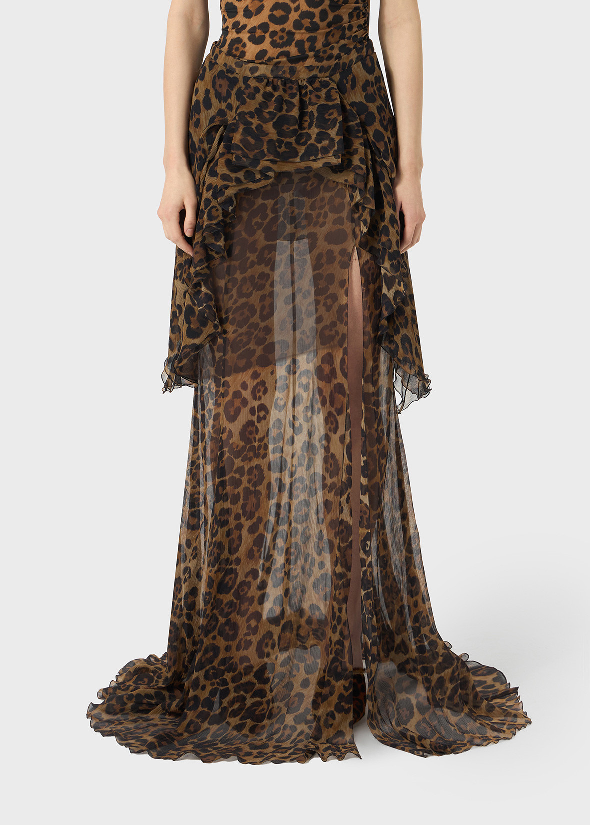 PRINTED CREPONNE SKIRT WITH RUFFLES AND SLIT - 3
