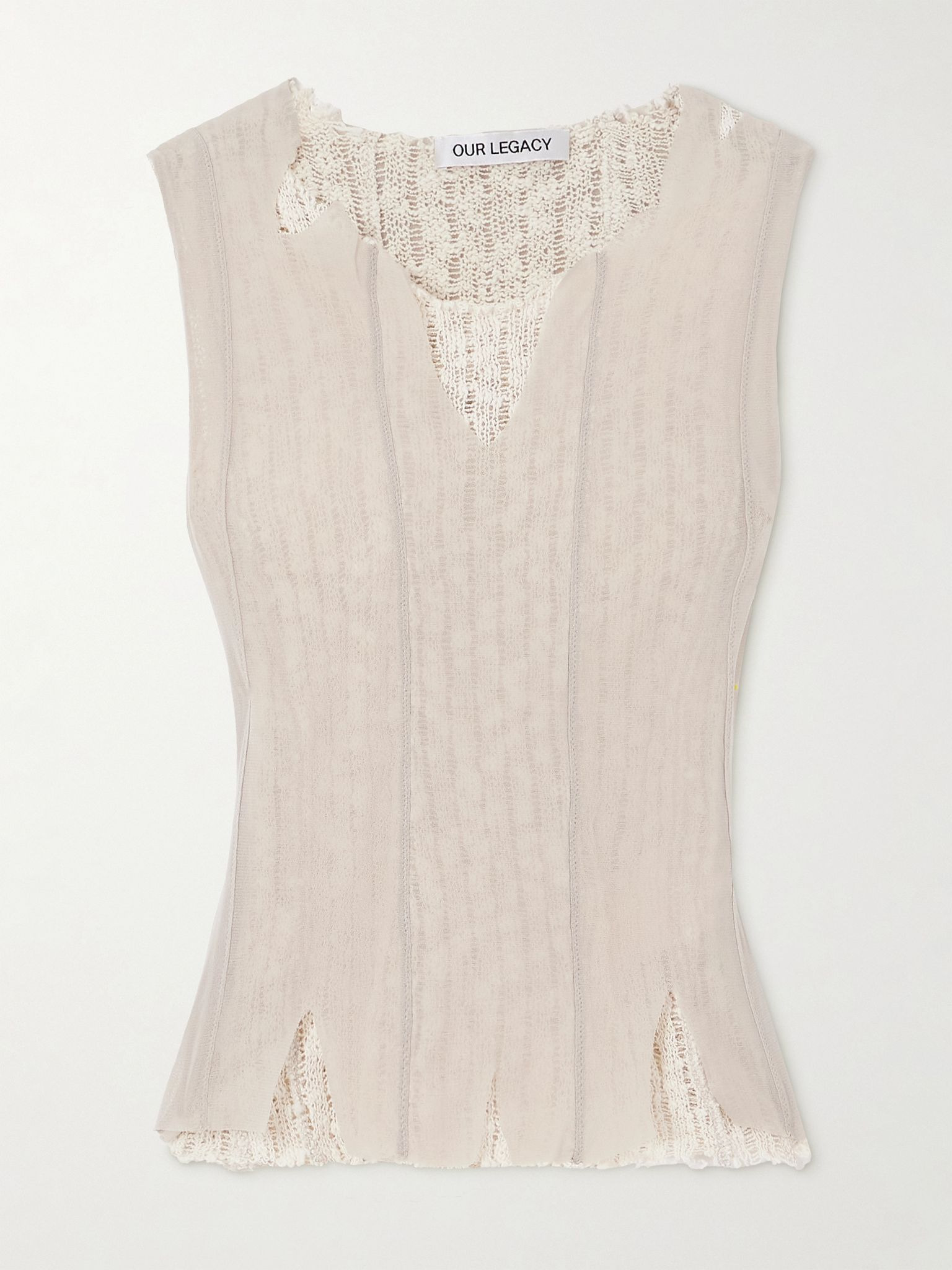 Ragged distressed mesh and cotton-blend crochet tank Beige - 1