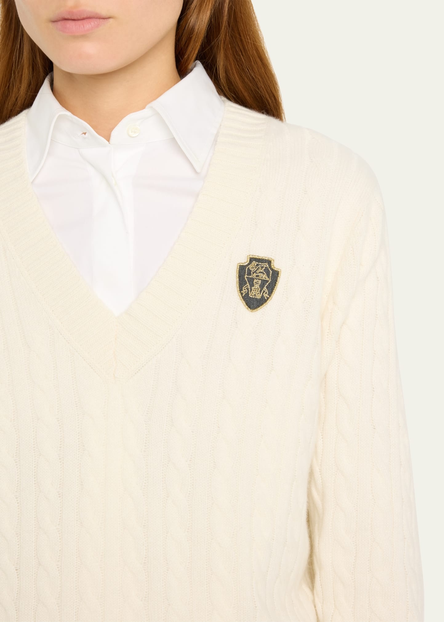 Cashmere Cable-Knit Sweater with Crest Embroidery - 5