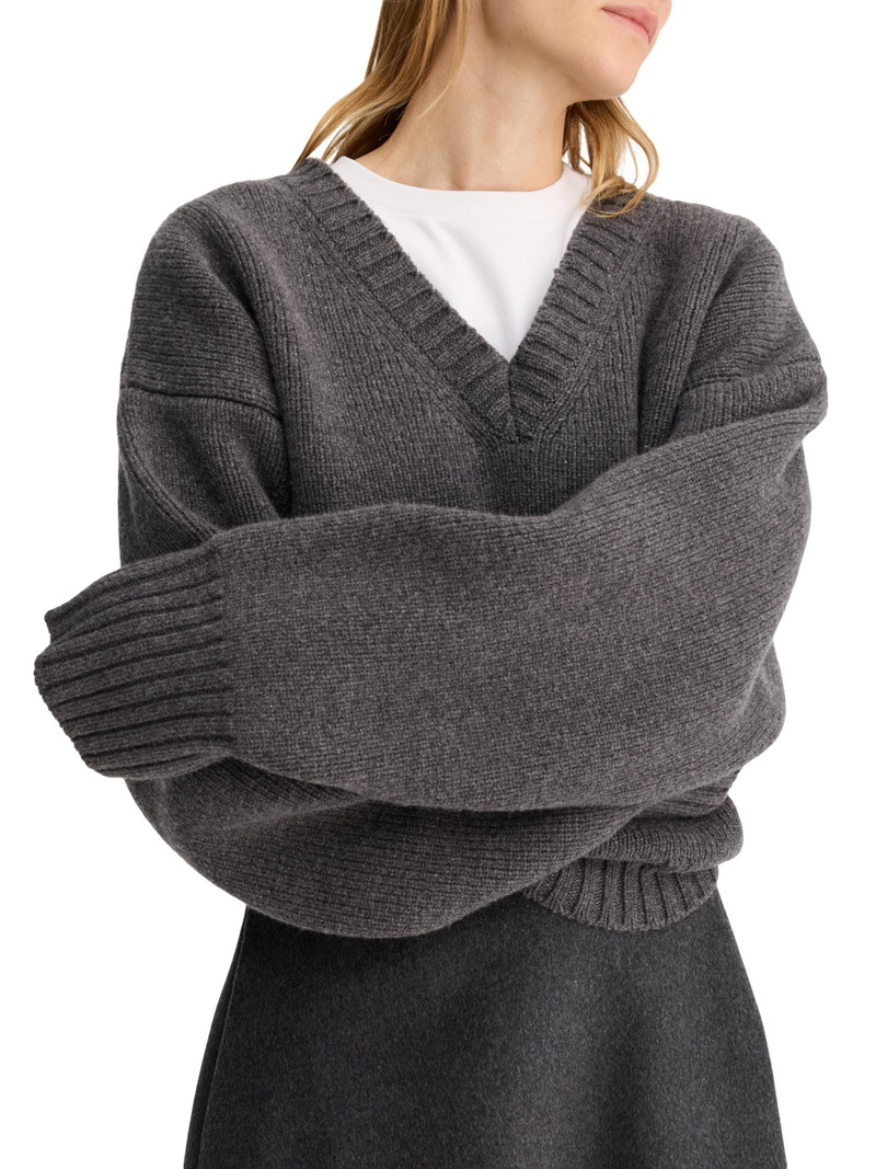 Women's Compact-Knit Wool V-Neck Sweater - Mid Grey Melange 6
