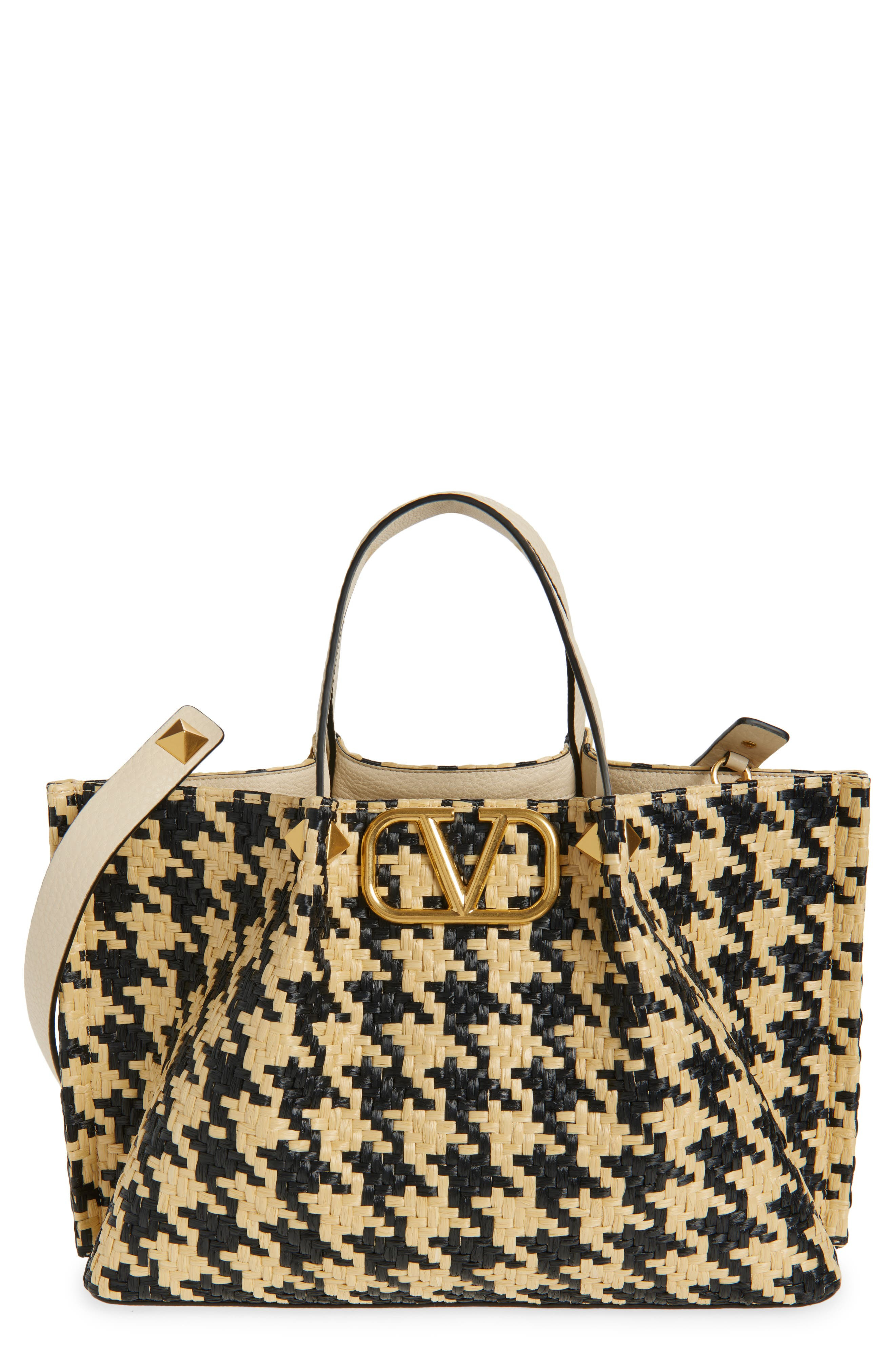 Valentino Garavani Medium VLOGO Signature Houndstooth Raffia Tote in Naturale Nero/Butter White at N - 1