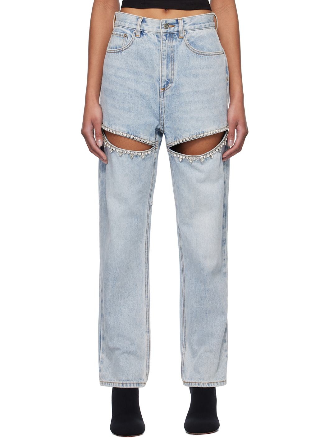 Blue Crystal Slit Jeans - 1